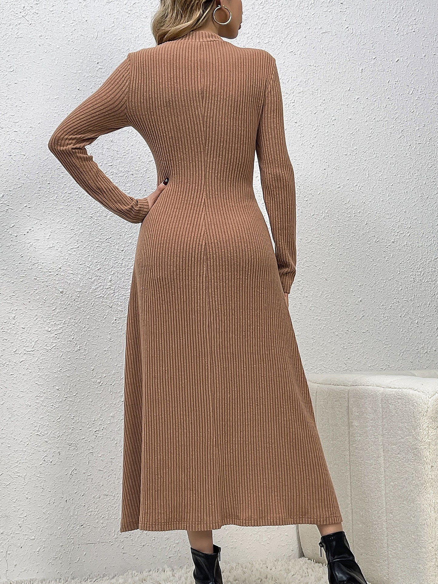 Solid Mock Neck Dress, Elegant Long Sleeve Dress For Fall & Winter, Women's Clothing