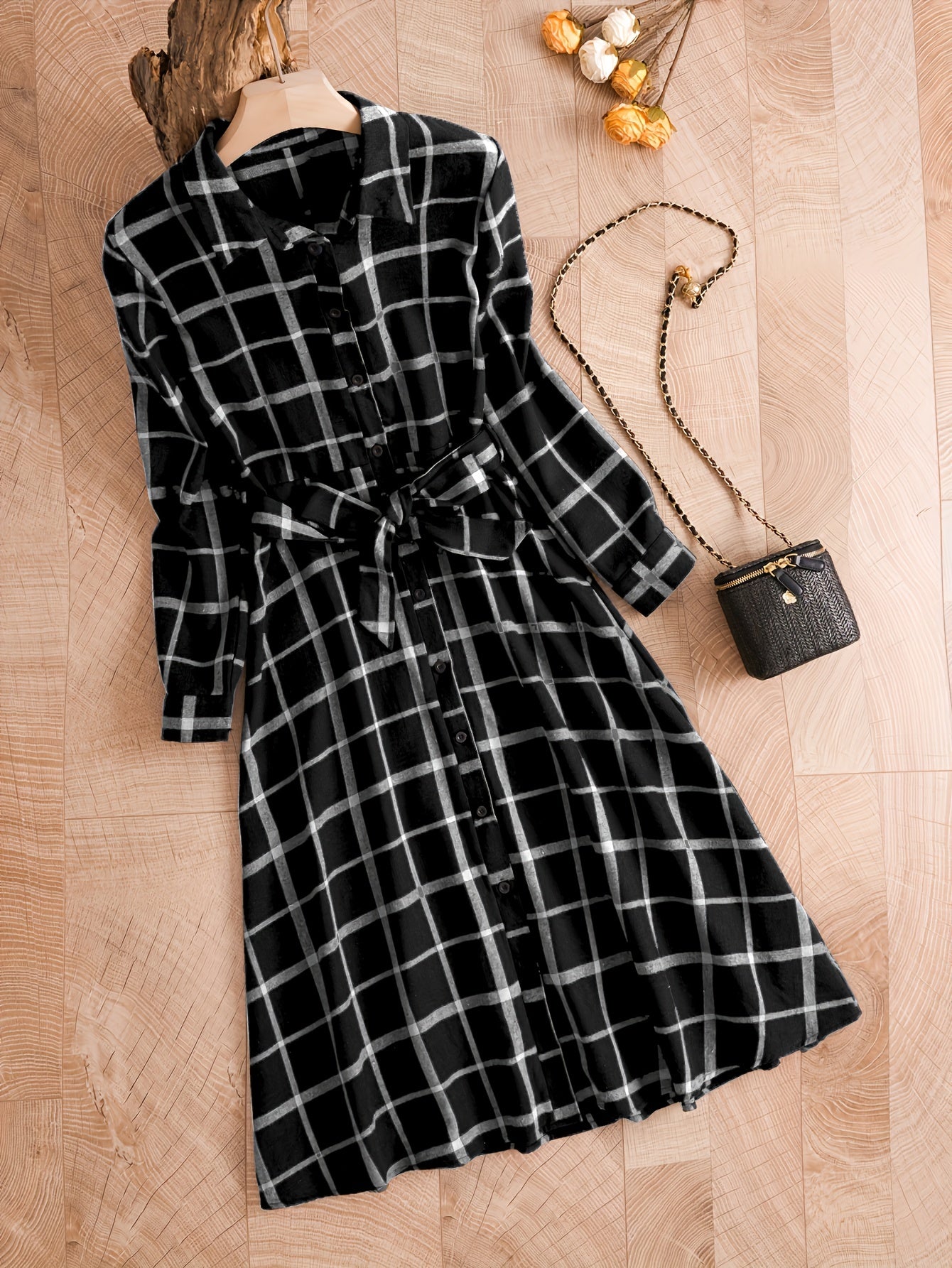 gbolsos Plaid Print Button Front Dress, Elegant Long Sleeve Dress, Women's Clothing