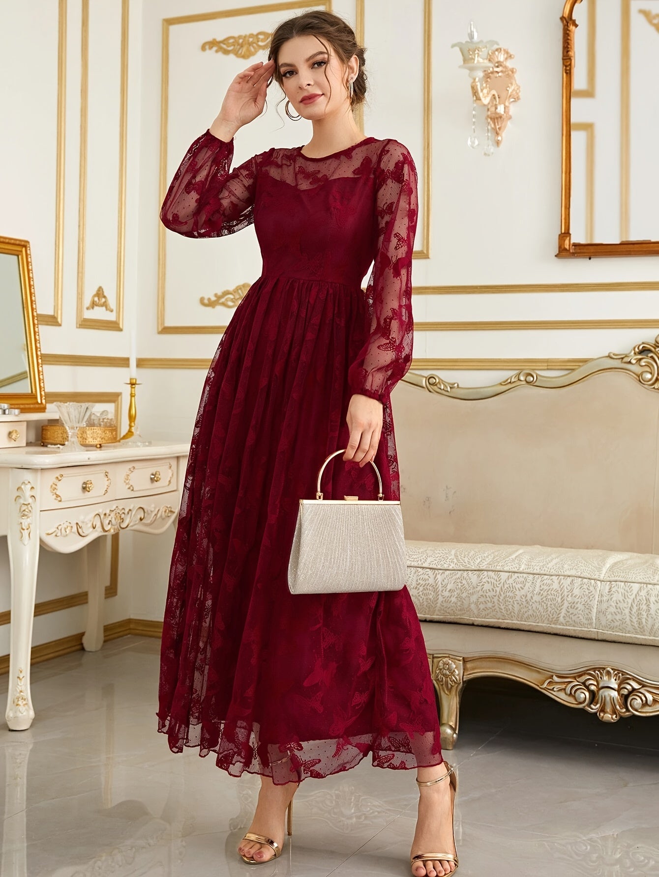gbolsos Contrast Lace Crew Neck A-line Dress, Elegant Long Sleeve Dress For Party & Banquet, Women's Clothing