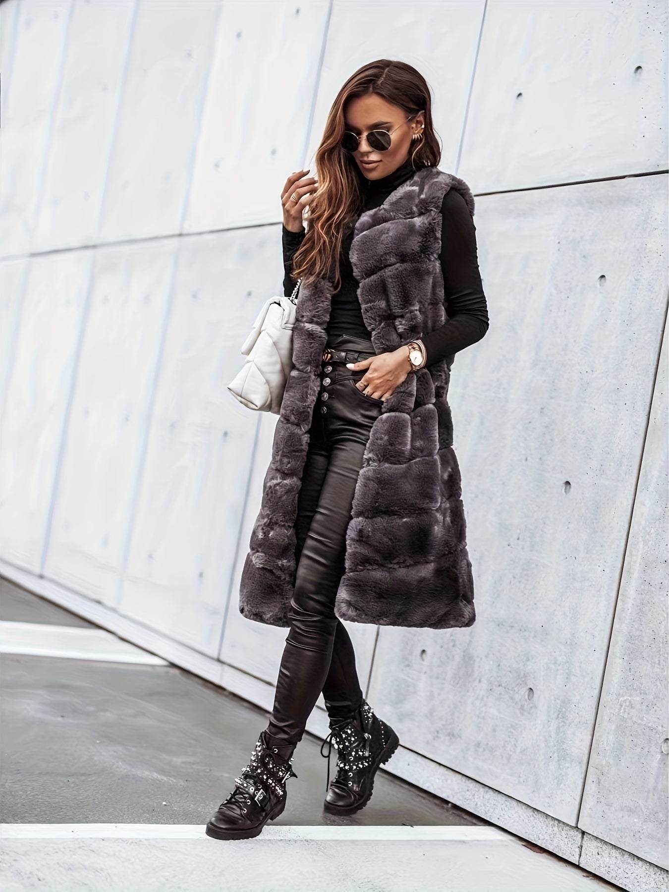 Fuzzy Long Length Warm Vest, Casual Open Front Sleeveless Winter Vest, Women's Clothing