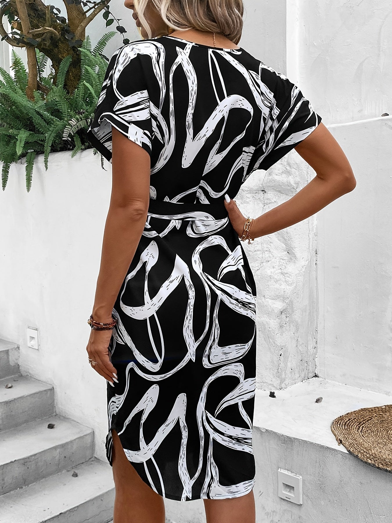 Color Block Tie Front Dress, Casual V Neck Short Sleeve Dress For Spring & Summer, Women's Clothing