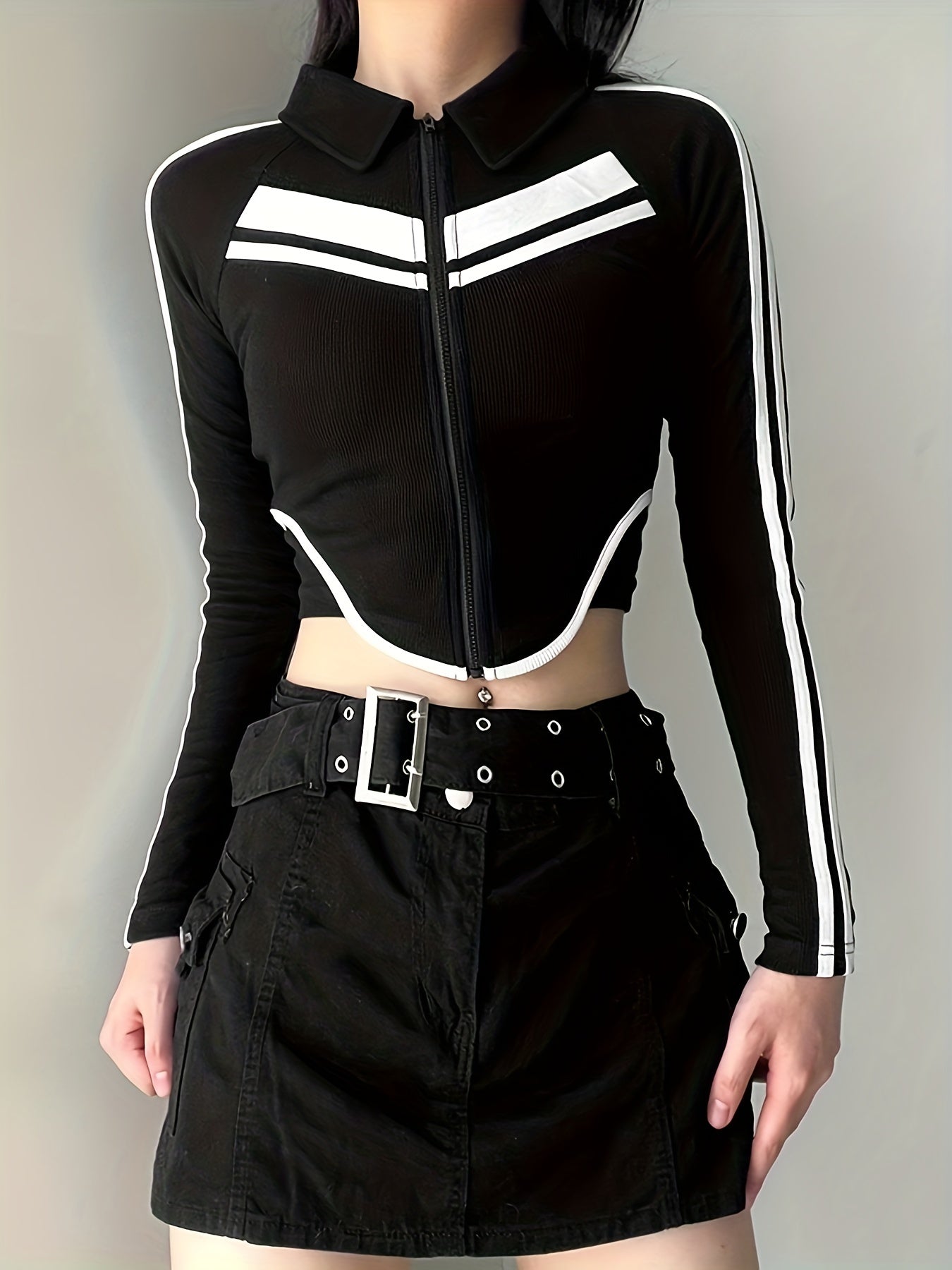 kkboxly Colorblock Ribbed Zip Front Crop T-Shirt, Y2K Long Sleeve Top For Spring & Fall, Women's Clothing