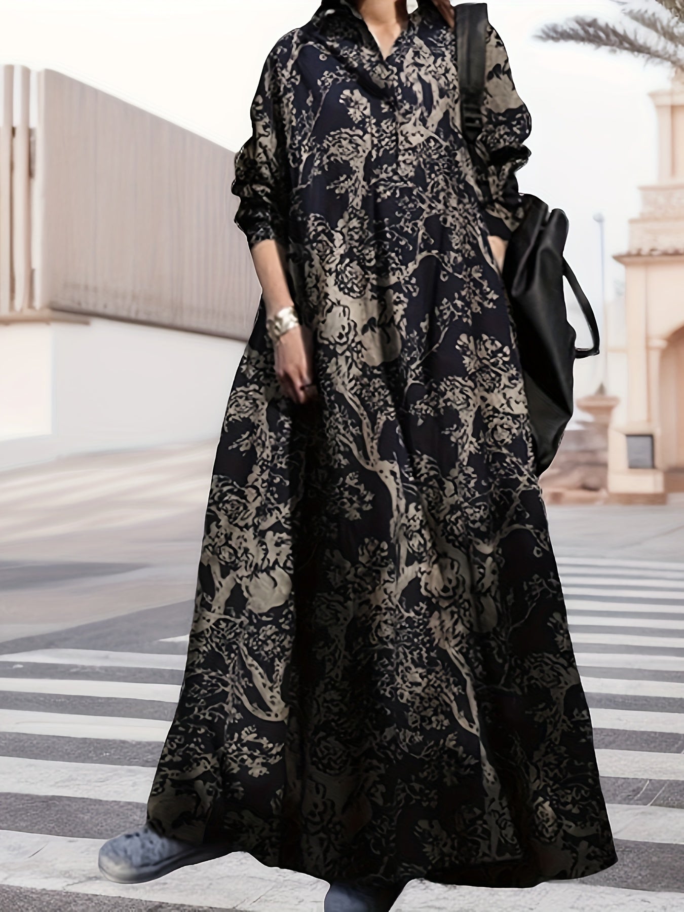 gbolsos Vintage Graphic Print V-neck Dress, Elegant Long Sleeve Maxi Dress For Spring & Fall, Women's Clothing