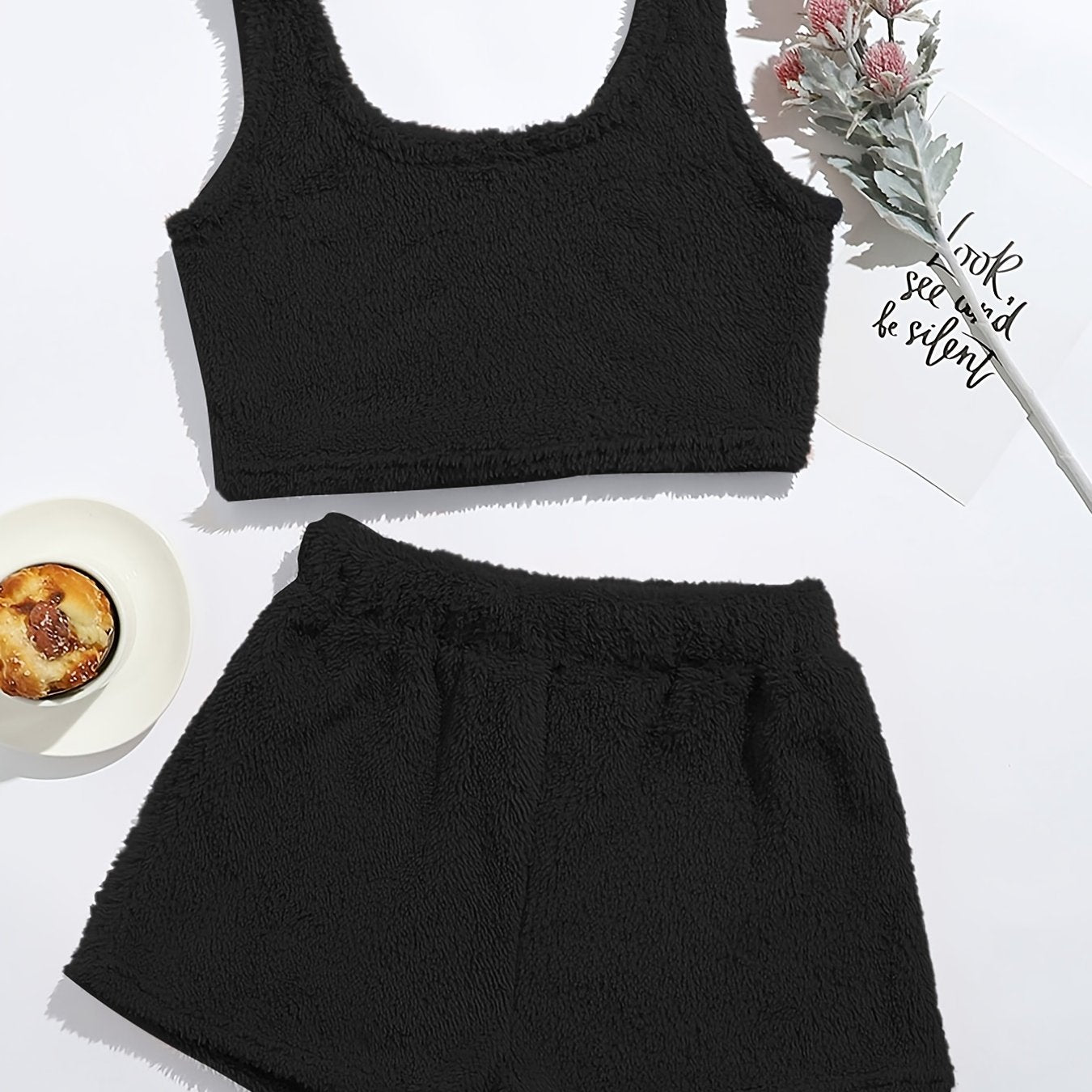 Fluffy Comfortable Pajamas Set, Crop Tank Sleeveless Top & Comfortable Shorts Loungewear Set For Valentine's Gifts, Women's Loungewear & Sleepwear