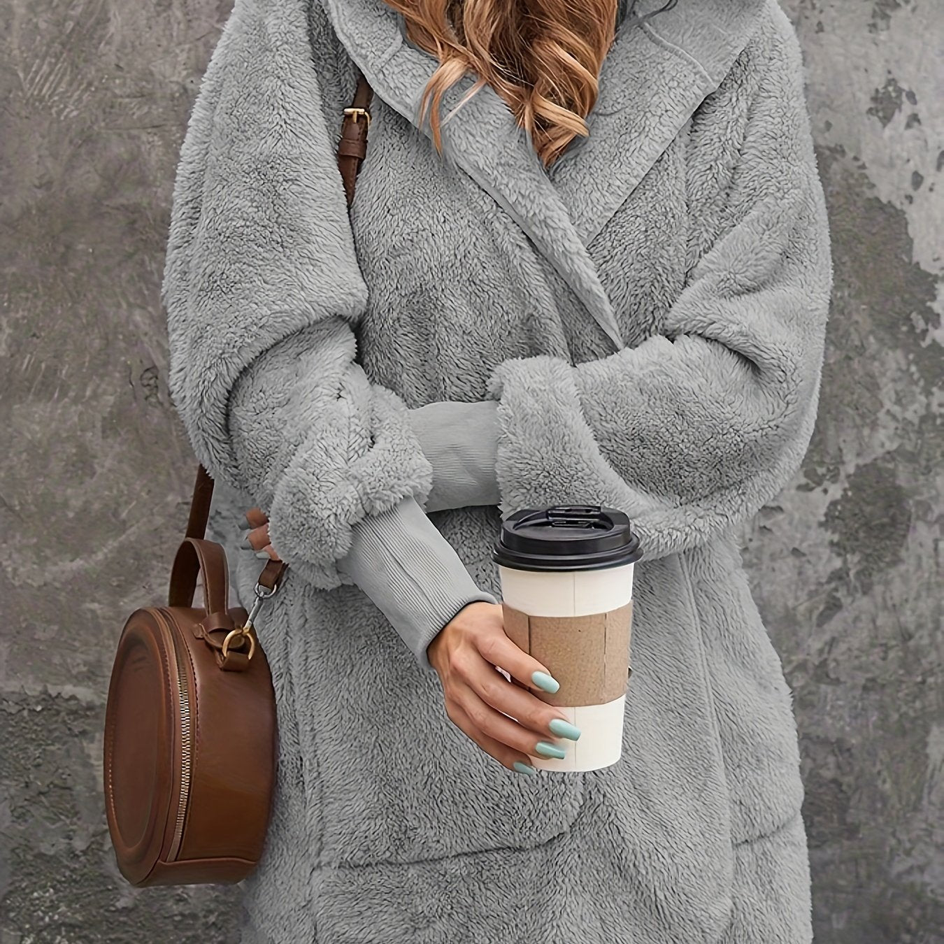Plus Size Casual Faux Fur Coat, Women's Plus Solid Teddy Fleece Long Sleeve Open Front Hooded Tunic Coat