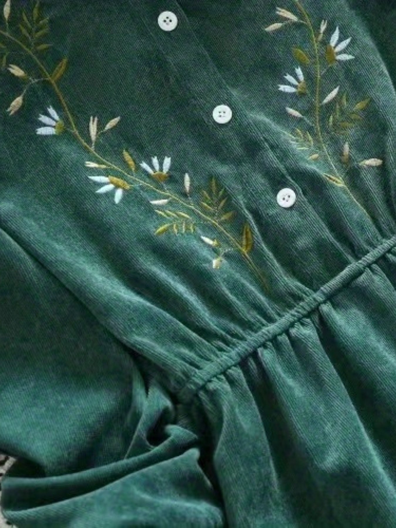 Button Front Floral Embroidered Dress, Vintage Slim Waist Pleated Long Sleeve Dress, Women's Clothing