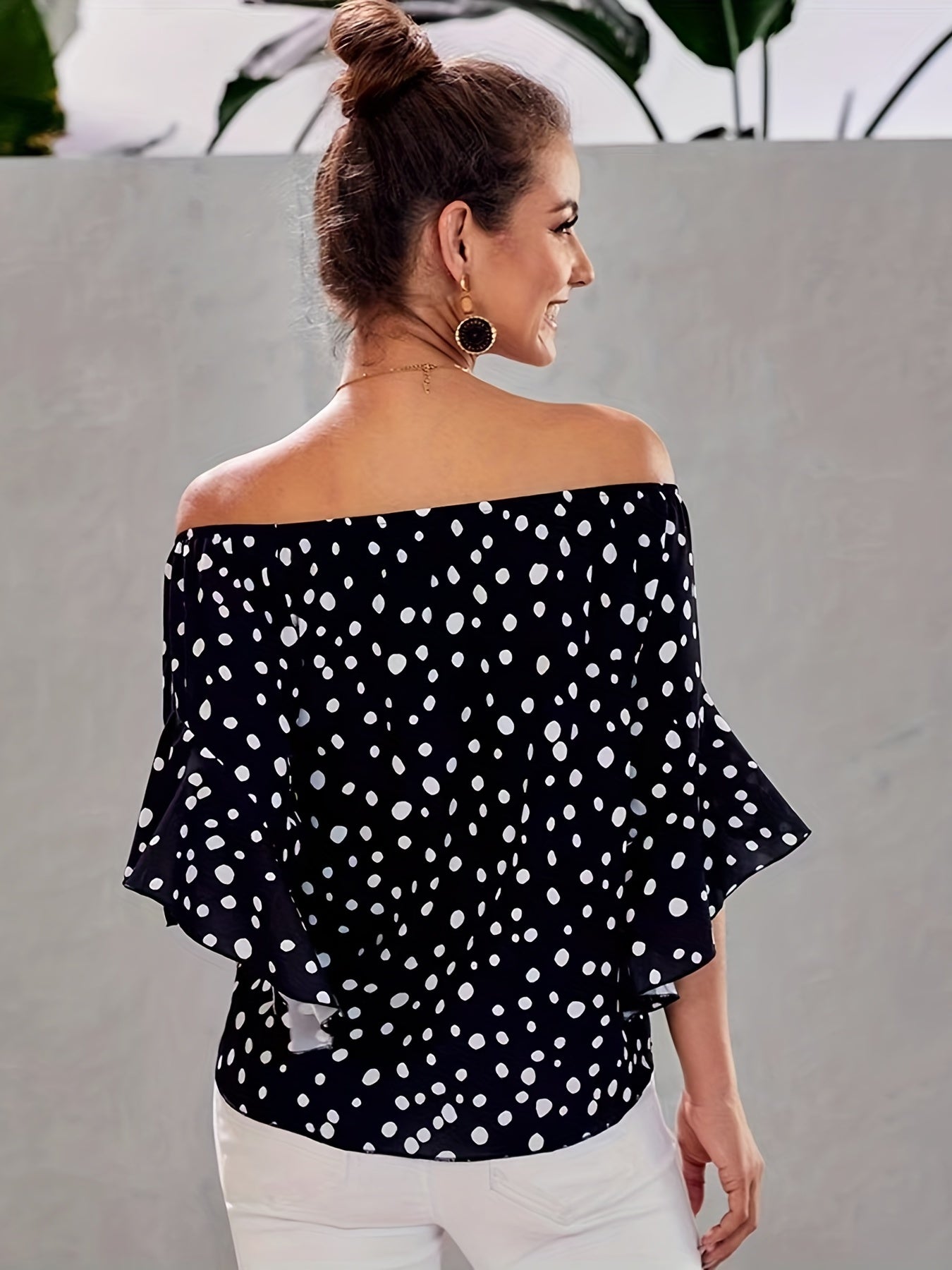 gbolsos Polka Dot Off Shoulder Tie Front Blouse, Sexy Bell Sleeve Blouse For Spring & Summer, Women's Clothing