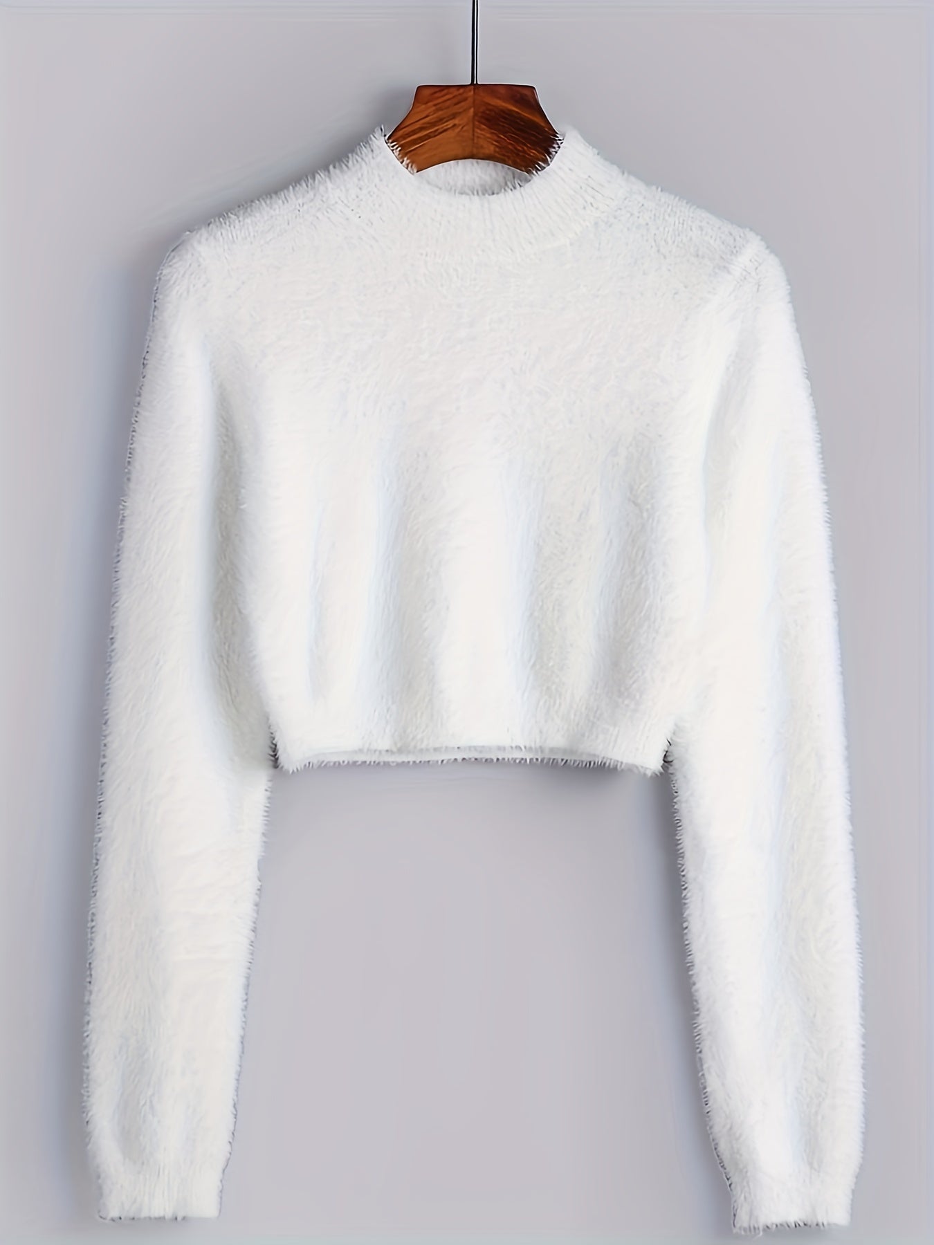 Stylish Solid Crew Neck Crop Sweater, Casual Long Sleeve Sweater, Elegant Tops For Fall & Winter, Women's Clothing