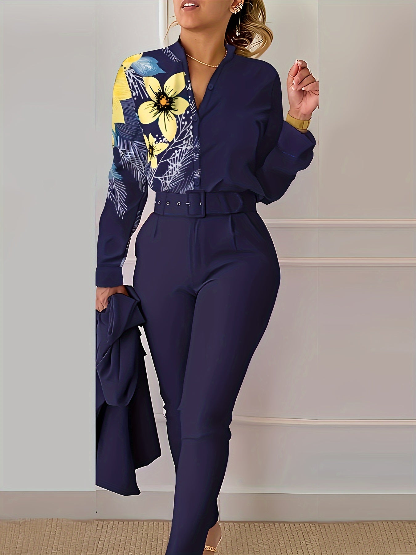 gbolsos Casual Two-piece Set, Floral Print Single Button Shirt & Solid Pants Outfits, Women's Clothing