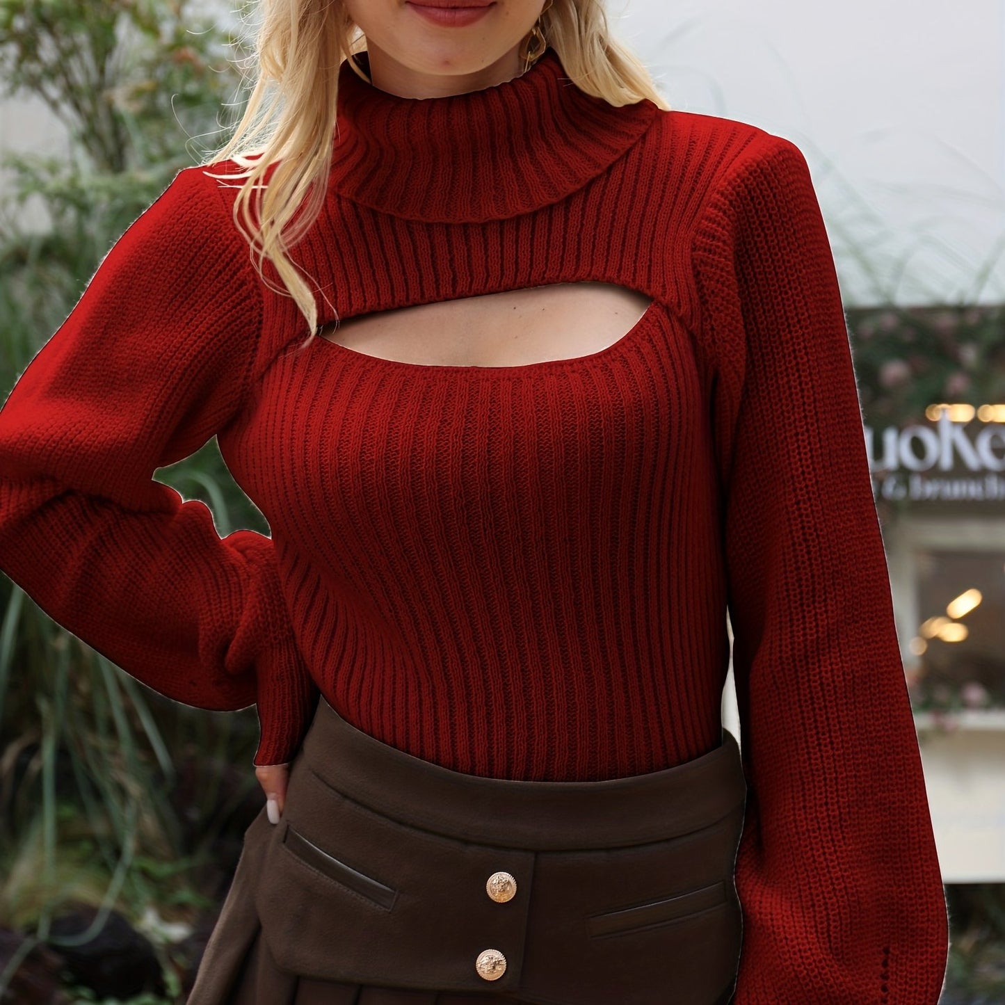gbolsos Sexy High Neck Sweater, Long Sleeve Sexy Cut Out Casual Sweater For Spring & Fall, Women's Clothing