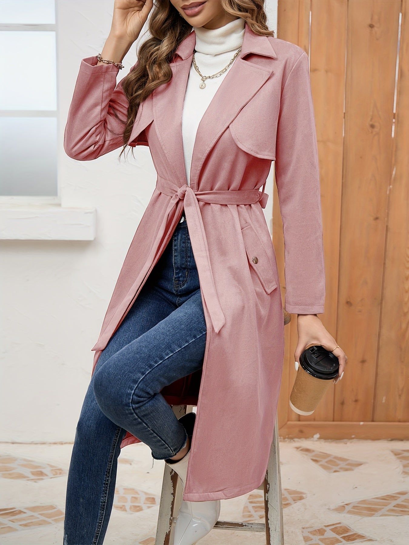 Comfy Belted Trench Coat, Elegant Lapel Neck Long Sleeve Coat, Women's Clothing