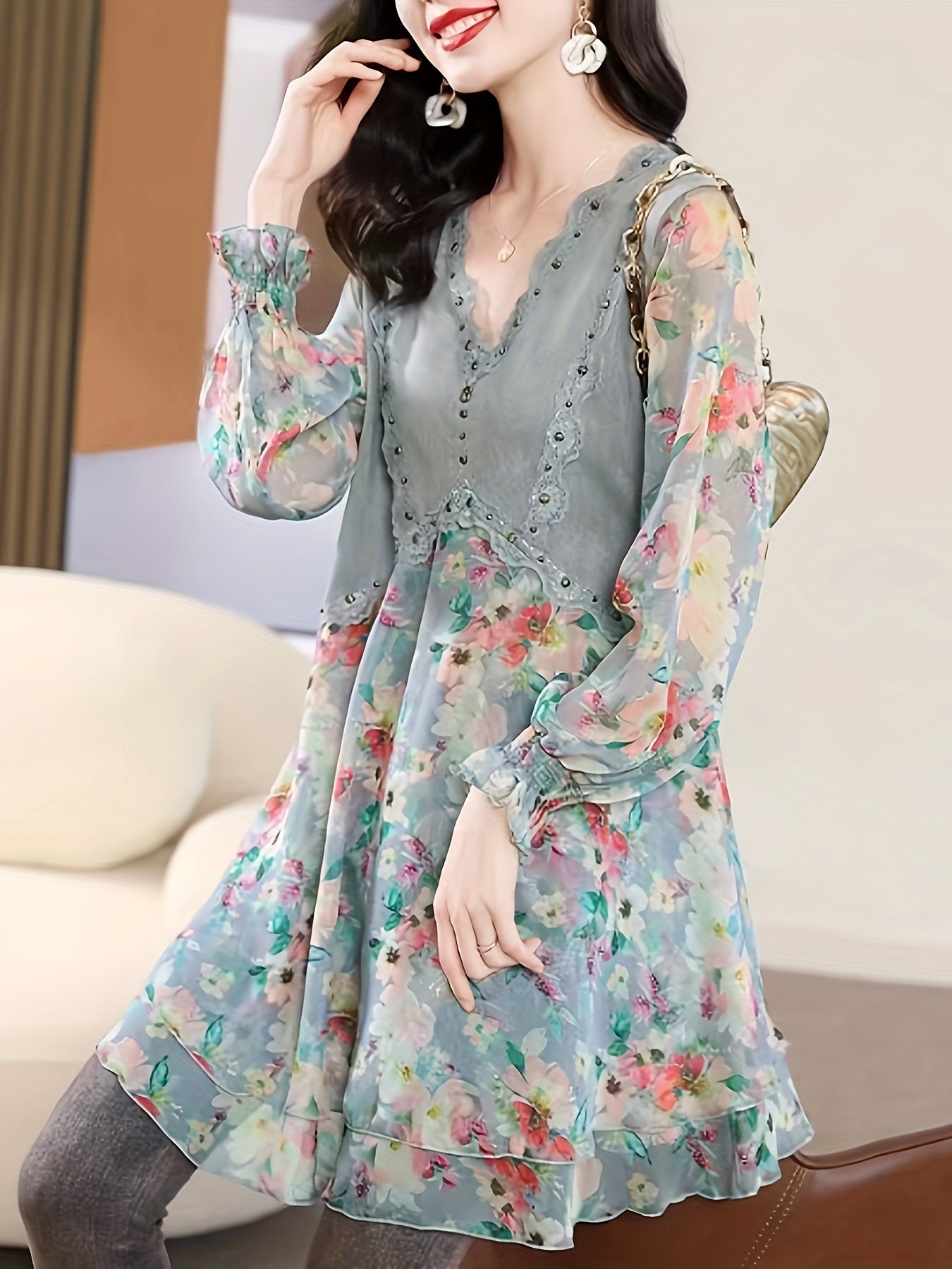 gbolsos Floral Print Splicing V-neck Tunics, Elegant Long Sleeve Color Block Top For Spring & Fall, Women's Clothing