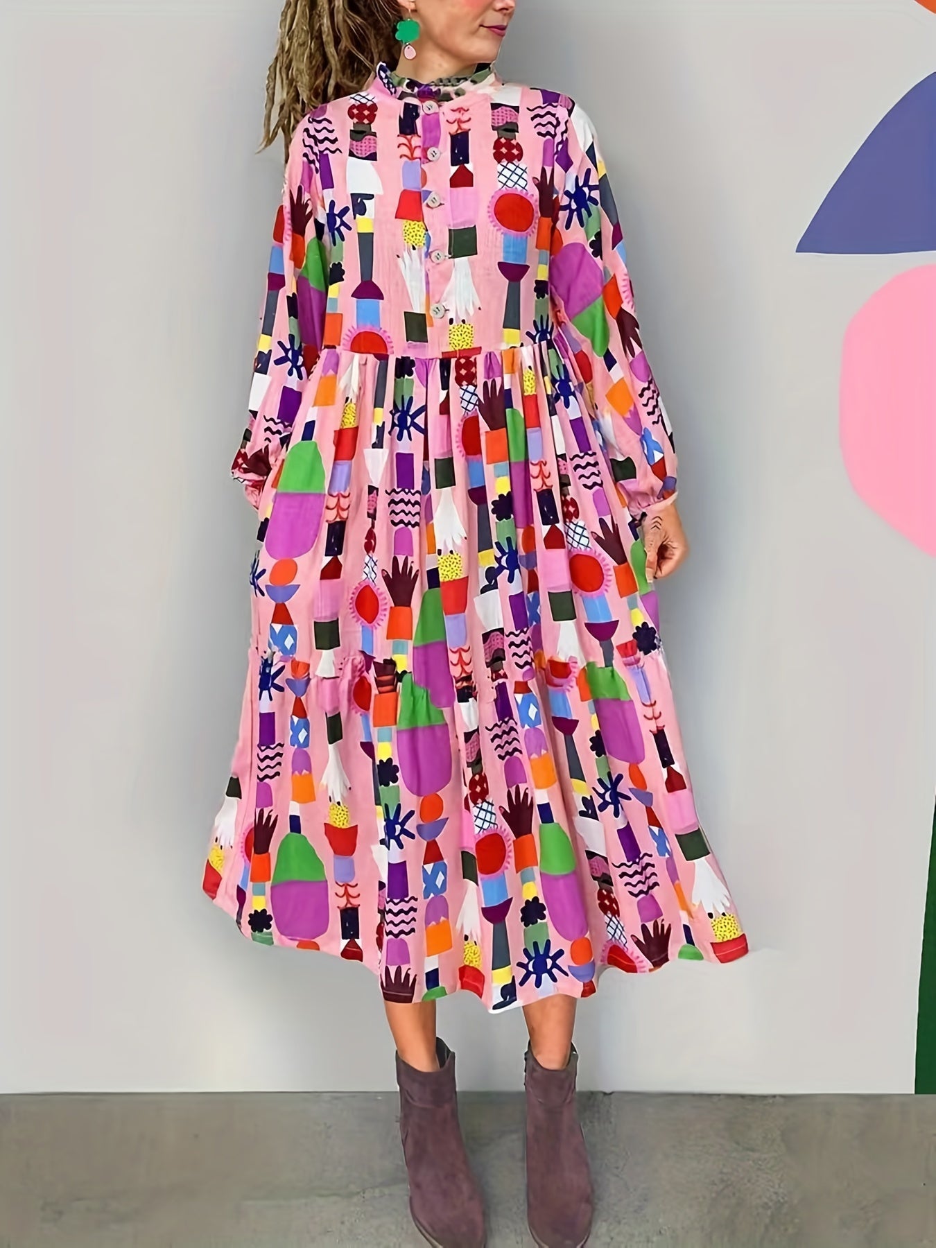 gbolsos Plus Size Cute Maxi Dress, Women's Plus Random Print Long Sleeve Button Up Turn Down Collar Smock Shirt Dress