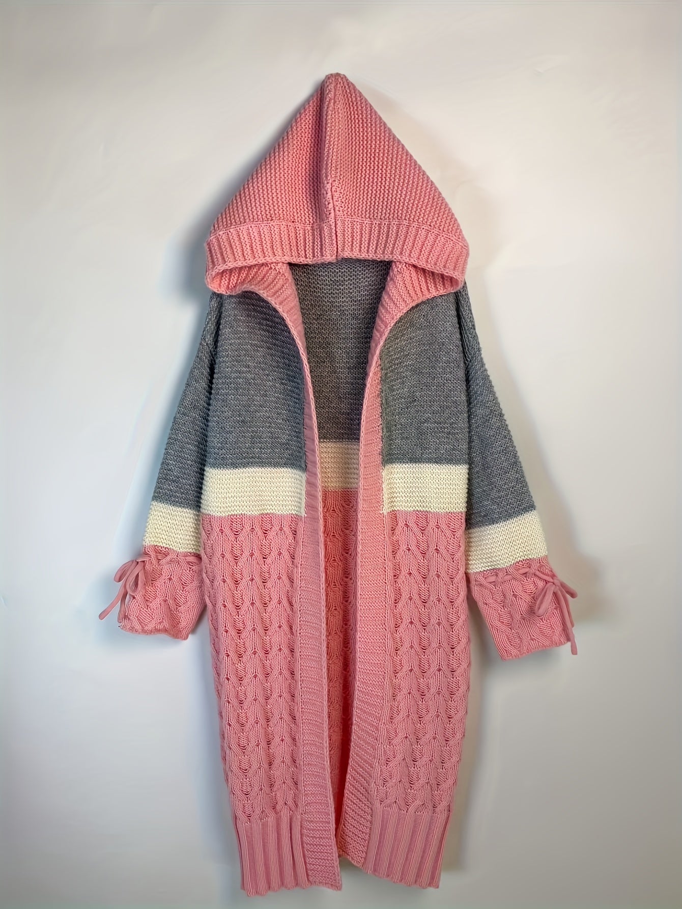 gbolsos Color Block Open Front Sweater Cardigan, Casual Long Sleeve Hooded Knitted Cardigan, Women's Clothing