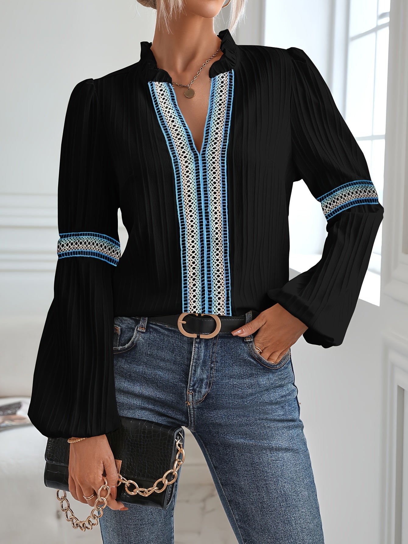 gbolsos Colorful Lace Stitching Blouse, Casual Long Sleeve Blouse For Spring & Fall, Women's Clothing