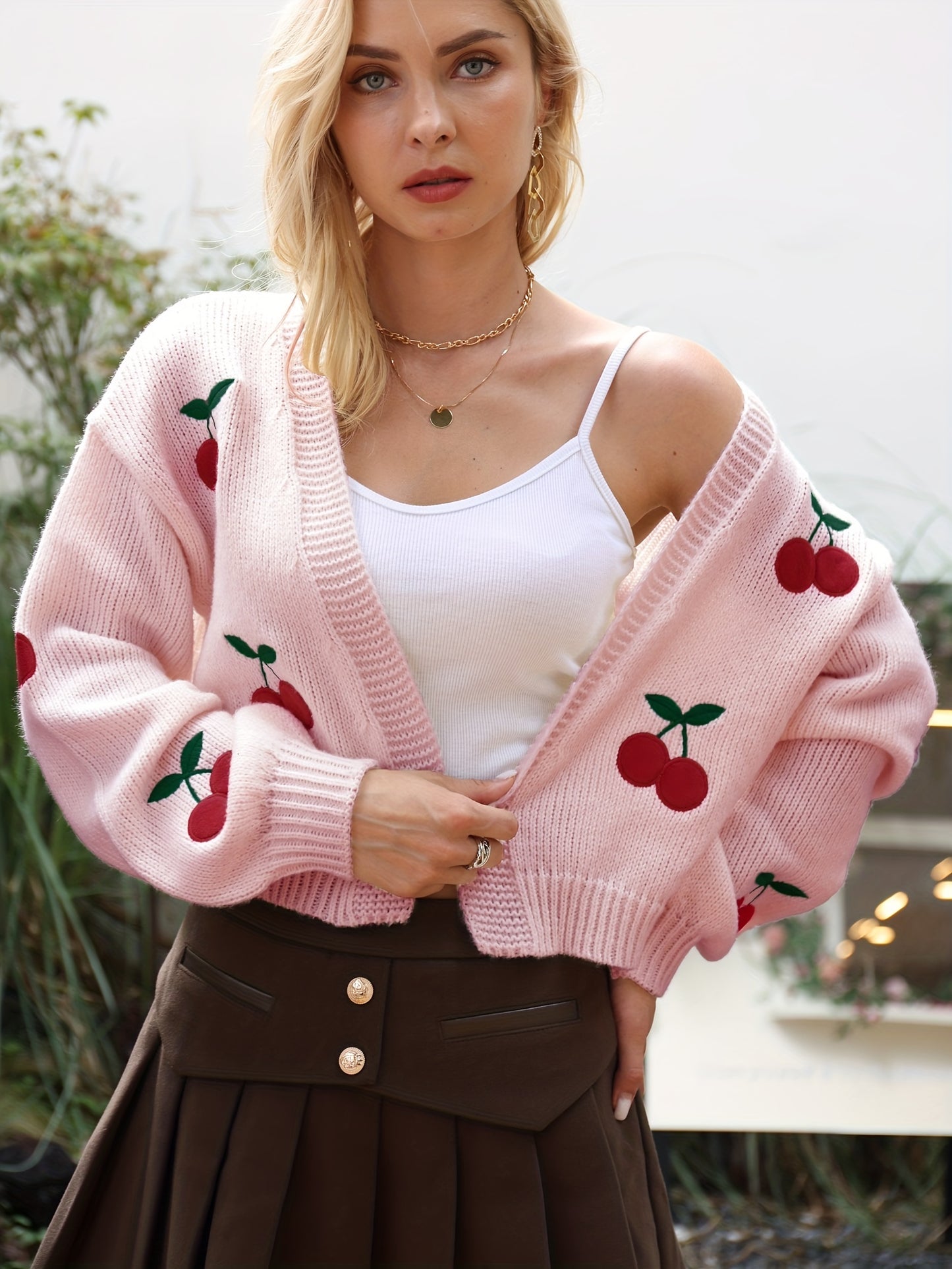 gbolsos Cherry Embroidered Knit Cardigan, Casual Open Front Long Sleeve Sweater, Women's Clothing