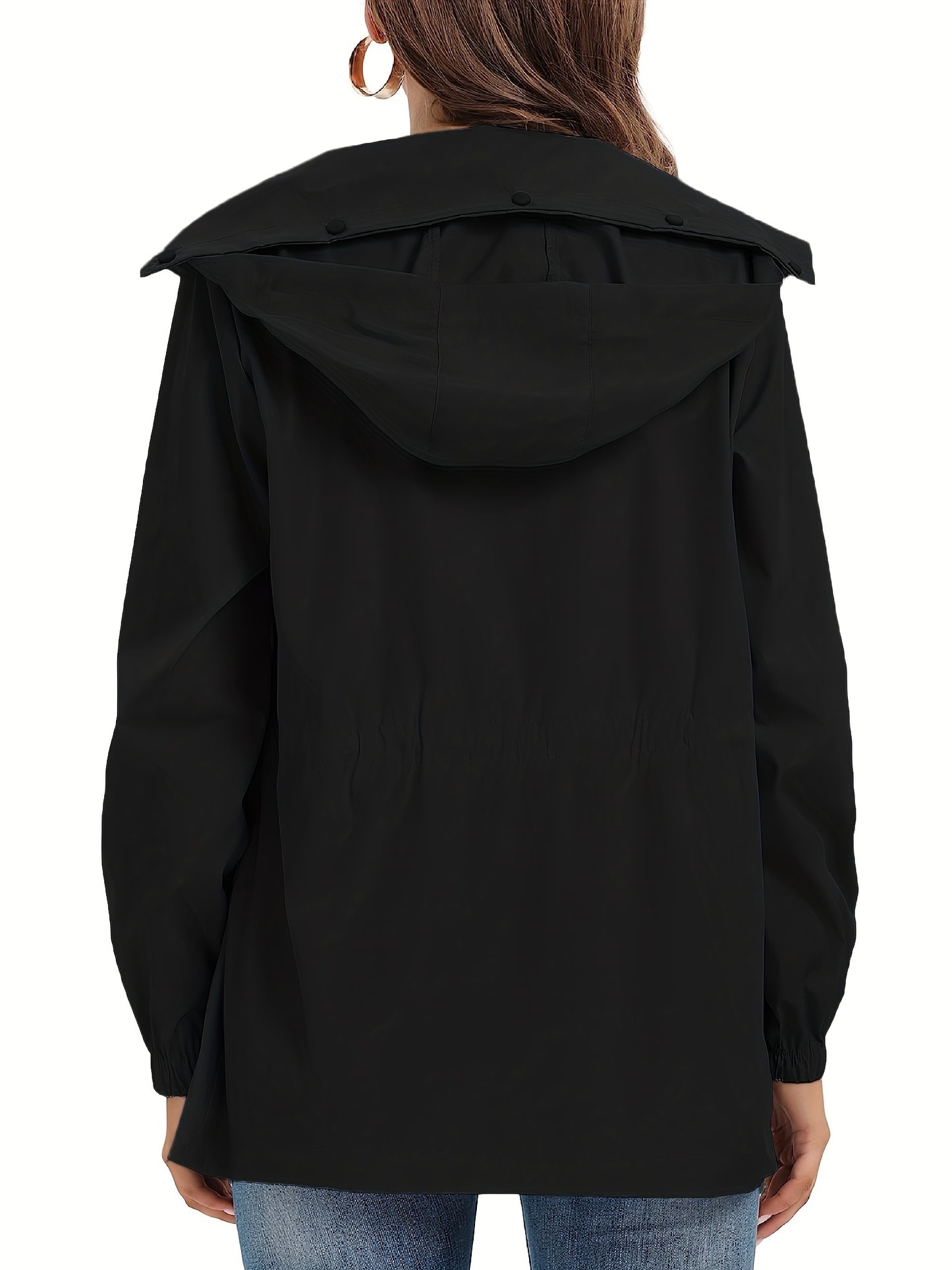 gbolsos Solid Hooded Rain Jacket, Casual Zip Up Long Sleeve Outerwear, Women's Clothing