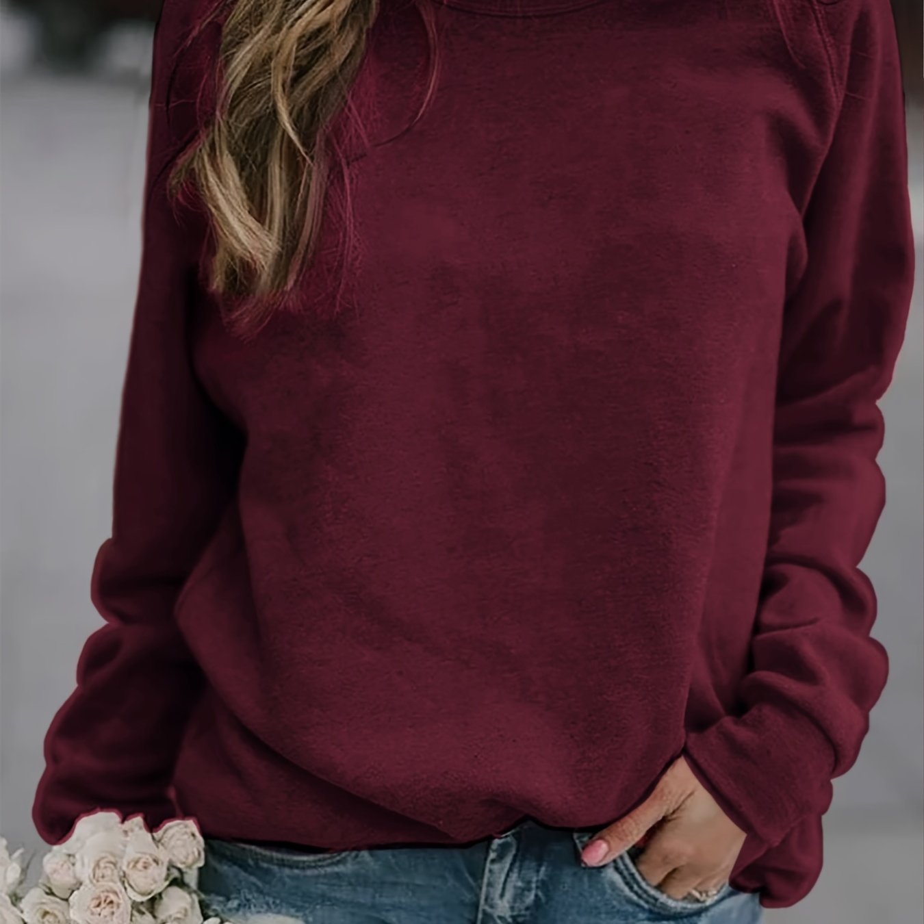 Solid Pullover Sweatshirt, Long Sleeve Crew Neck Sweatshirt, Casual Tops For Fall & Winter, Women's Clothing
