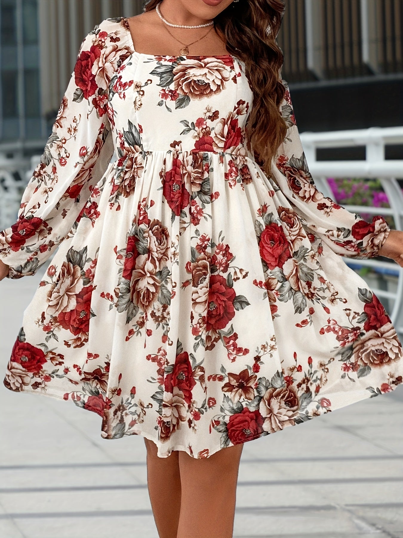 gbolsos Plus Size Elegant Dress, Women's Plus Shirred Ditsy Floral Print Lantern Sleeve Square Neck Nipped Waist Dress