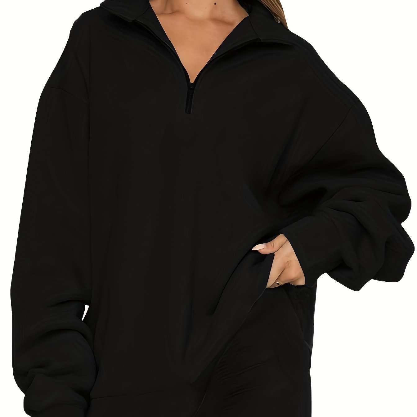 Quarter Zip Lapel Neck Sweatshirt, Casual Sporty Long Sleeve Sweatshirt For Fall & Winter, Women's Clothing