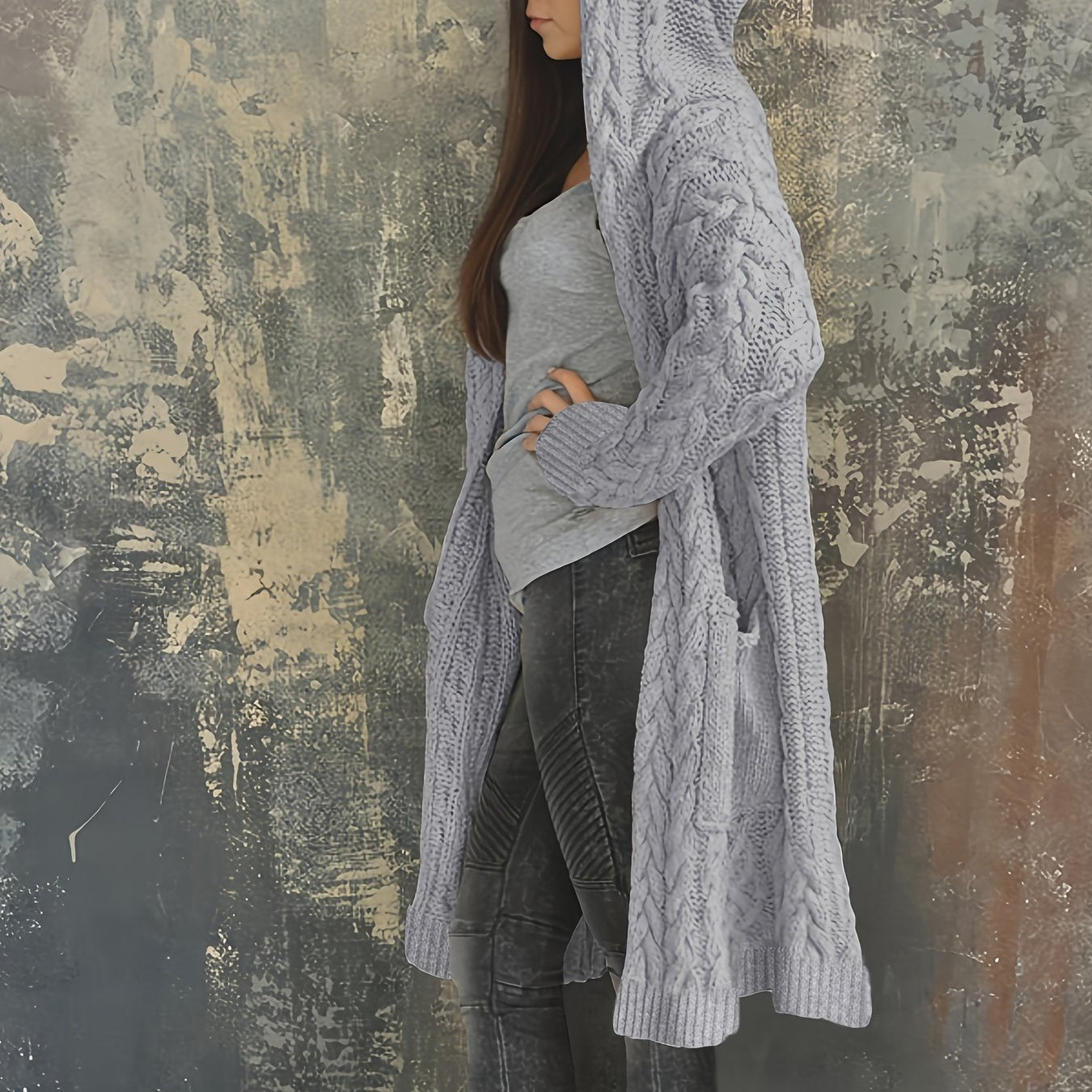 Chunky Knit Hooded Cardigan, Solid Long Open Front Sweater, Casual Cardigan For Fall & Winter, Women's Clothing