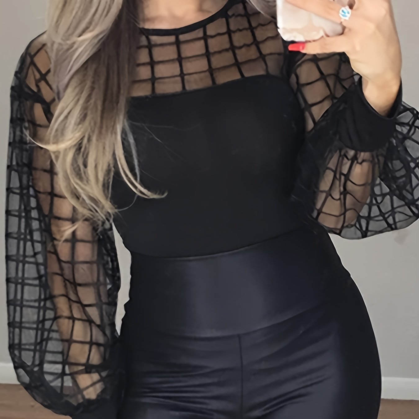 gbolsos Women's Blouse Solid Crew Neck Contrast Mesh Blouse Tops