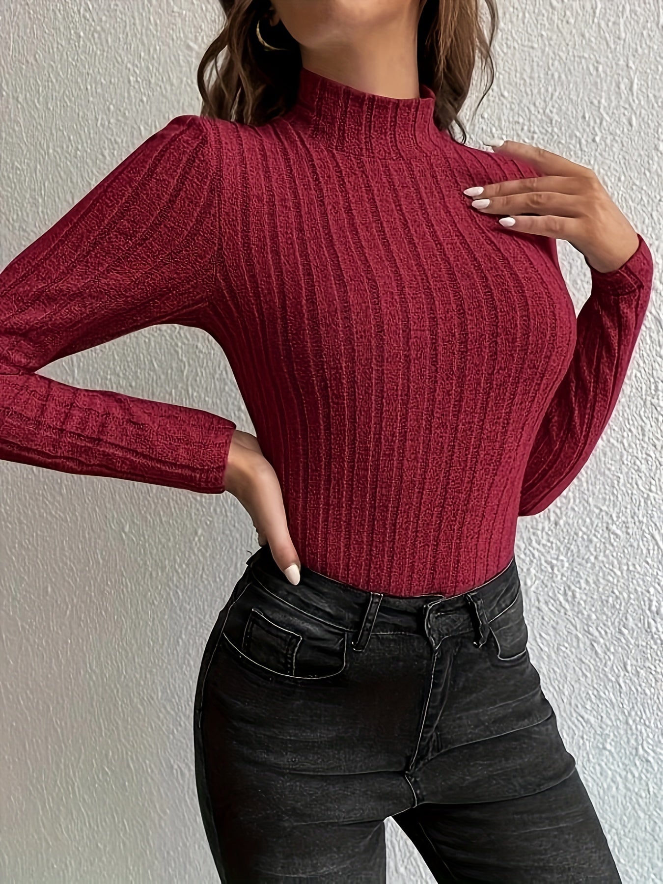 gbolsos Solid Turtleneck Knit Top, Elegant Slim Long Sleeve Sweater For Spring & Fall, Women's Clothing