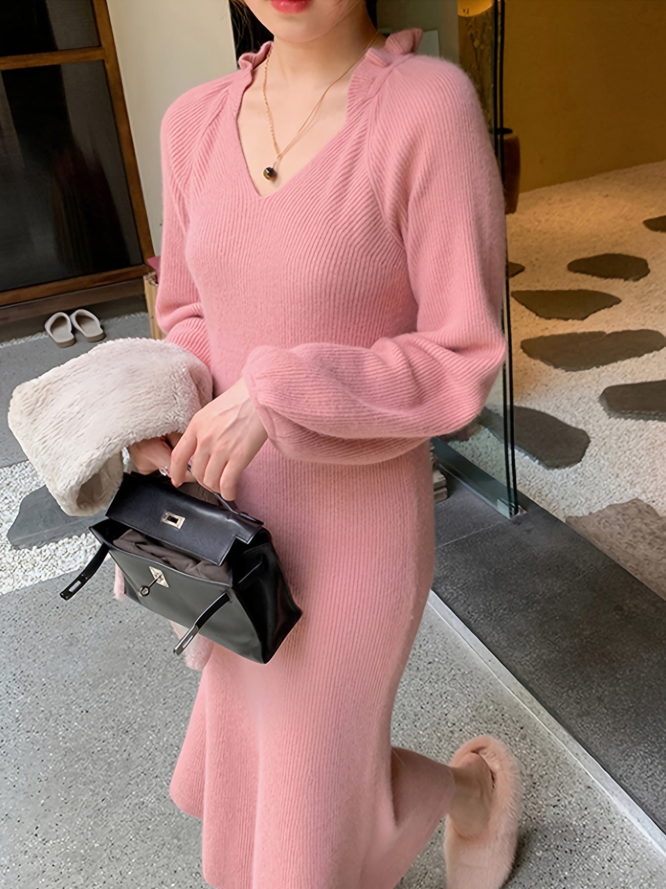 gbolsos Women's Sweater Solid Frill Retro Bottoming Fall Winter Knit Sweater Dress