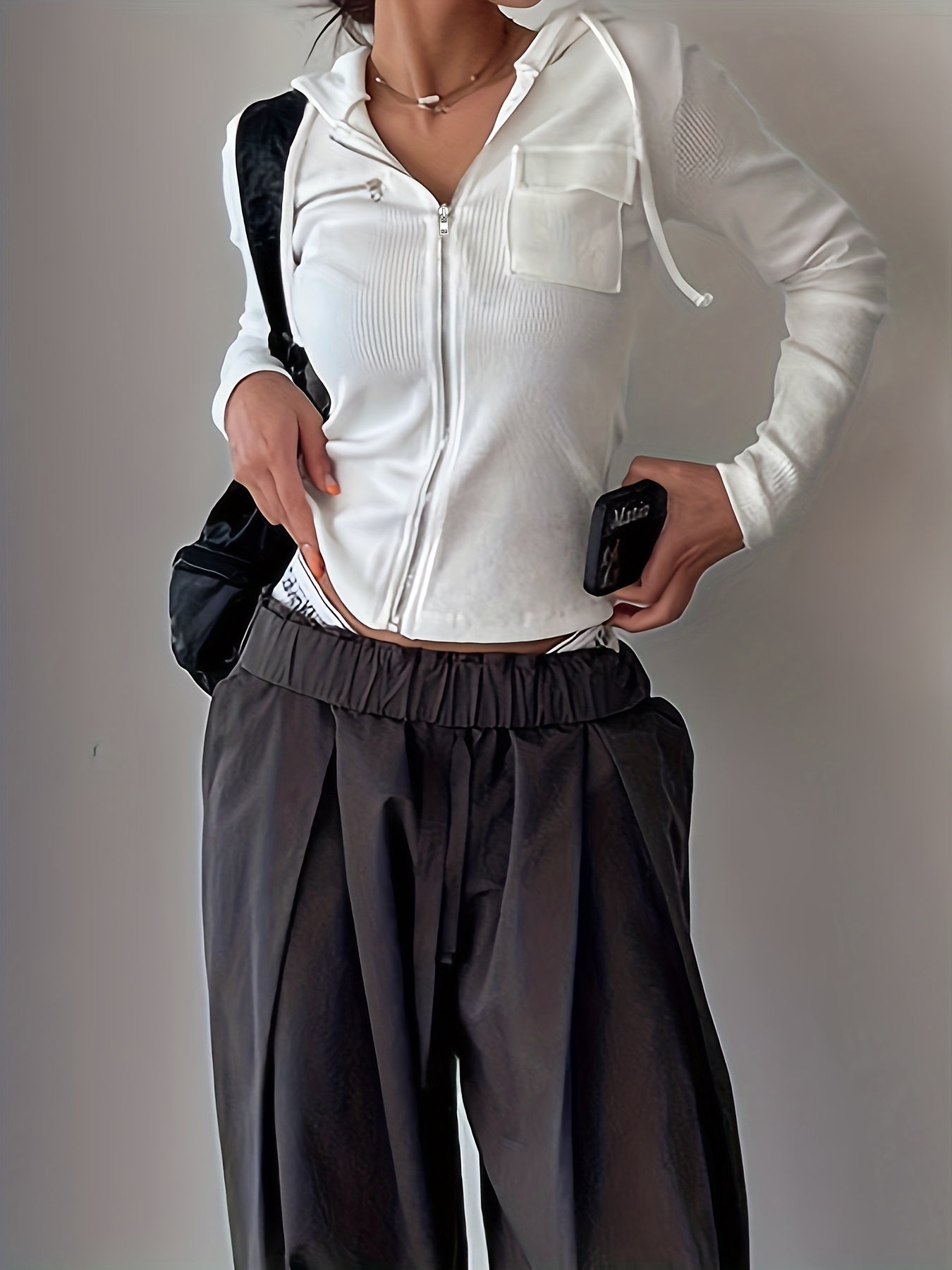 gbolsos Zip Up Drawstring Jacket, Casual Solid Long Sleeve Hooded Outerwear, Women's Clothing