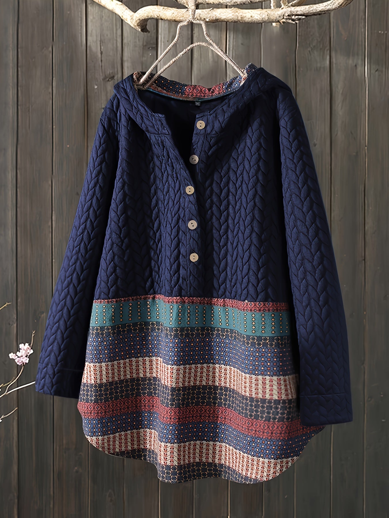 gbolsos Tribal Print Long Sleeve Hooded Padded Jacket, Casual Button Front Loose Hem Outerwear, Women's Clothing
