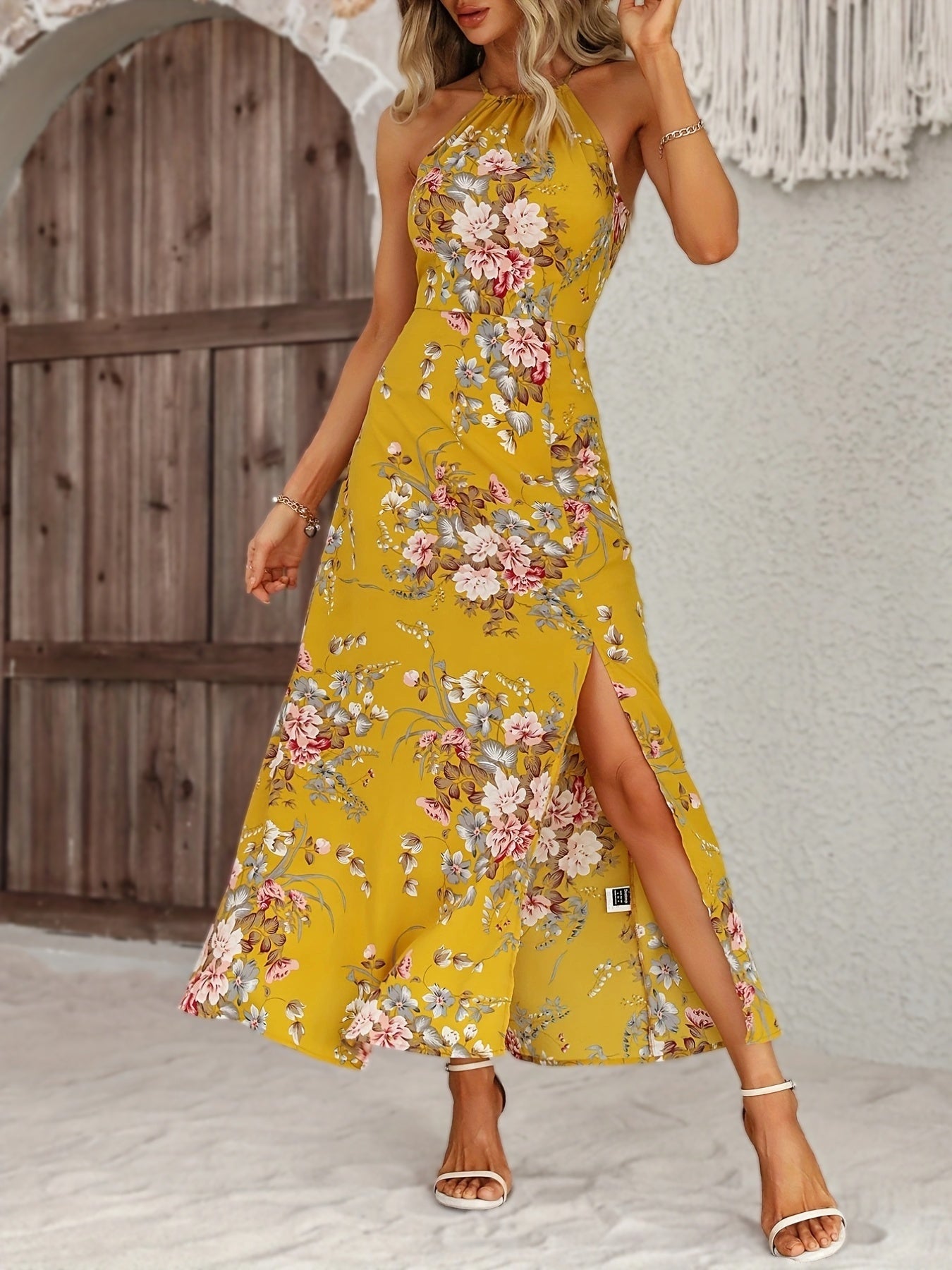 gbolsos Floral Print Split Halter Neck Dress, Sexy Halter Dress For Spring & Summer, Women's Clothing