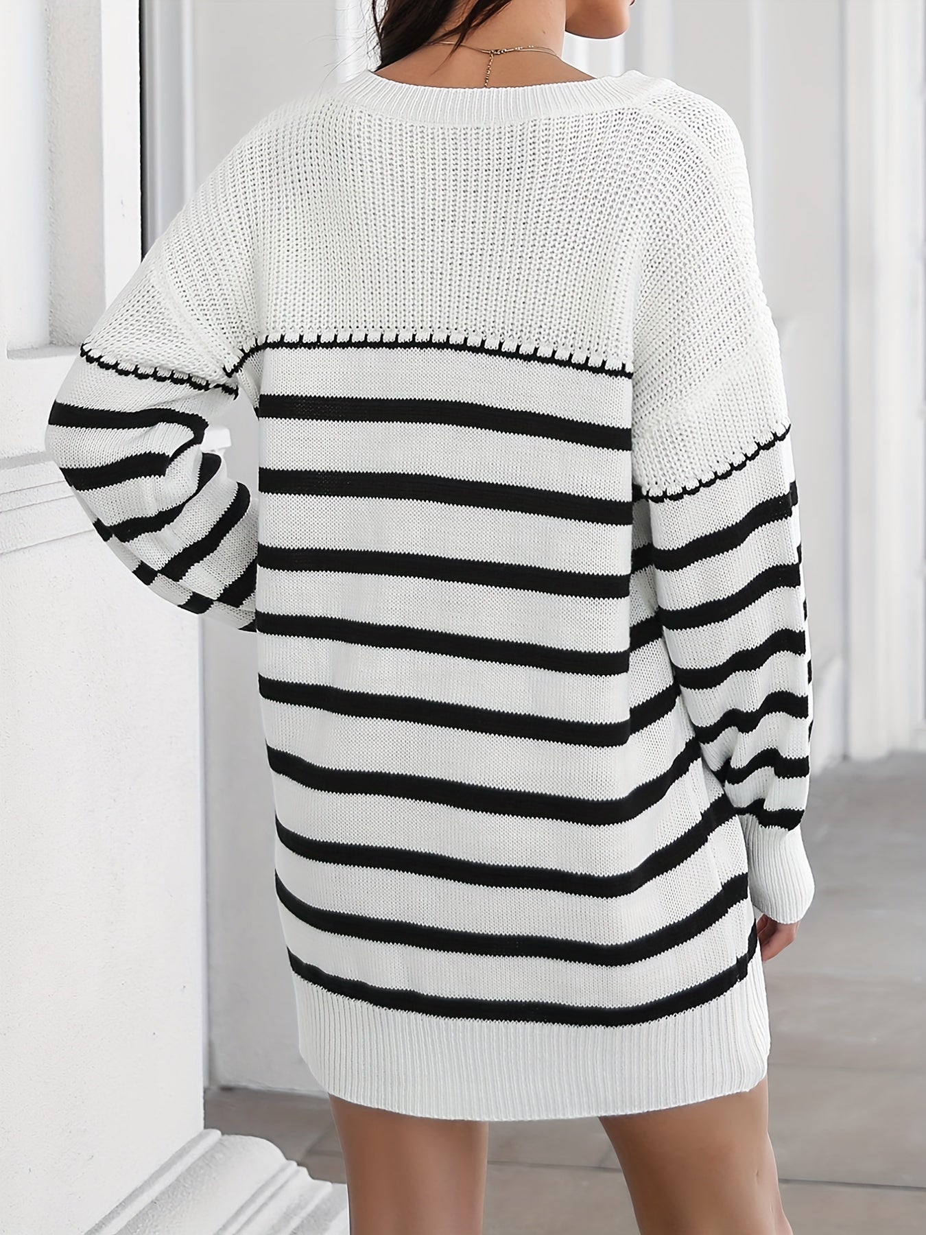 Striped V Neck Knitted Pullover Sweater, Casual Long Sleeve Sweater For Spring & Fall, Women's Clothing
