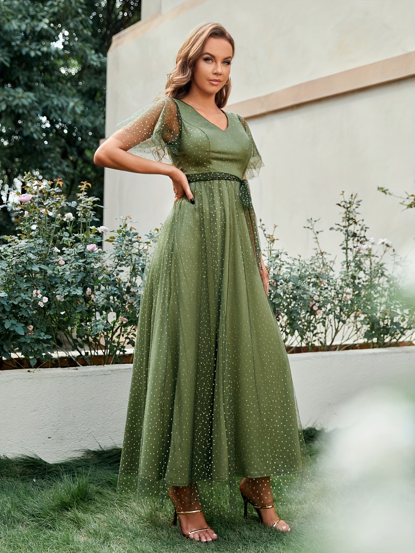gbolsos Elegant Mesh Ruffle Sleeve Maxi Dress , Doble Layer Wedding Guest Dresses , Women's Clothings