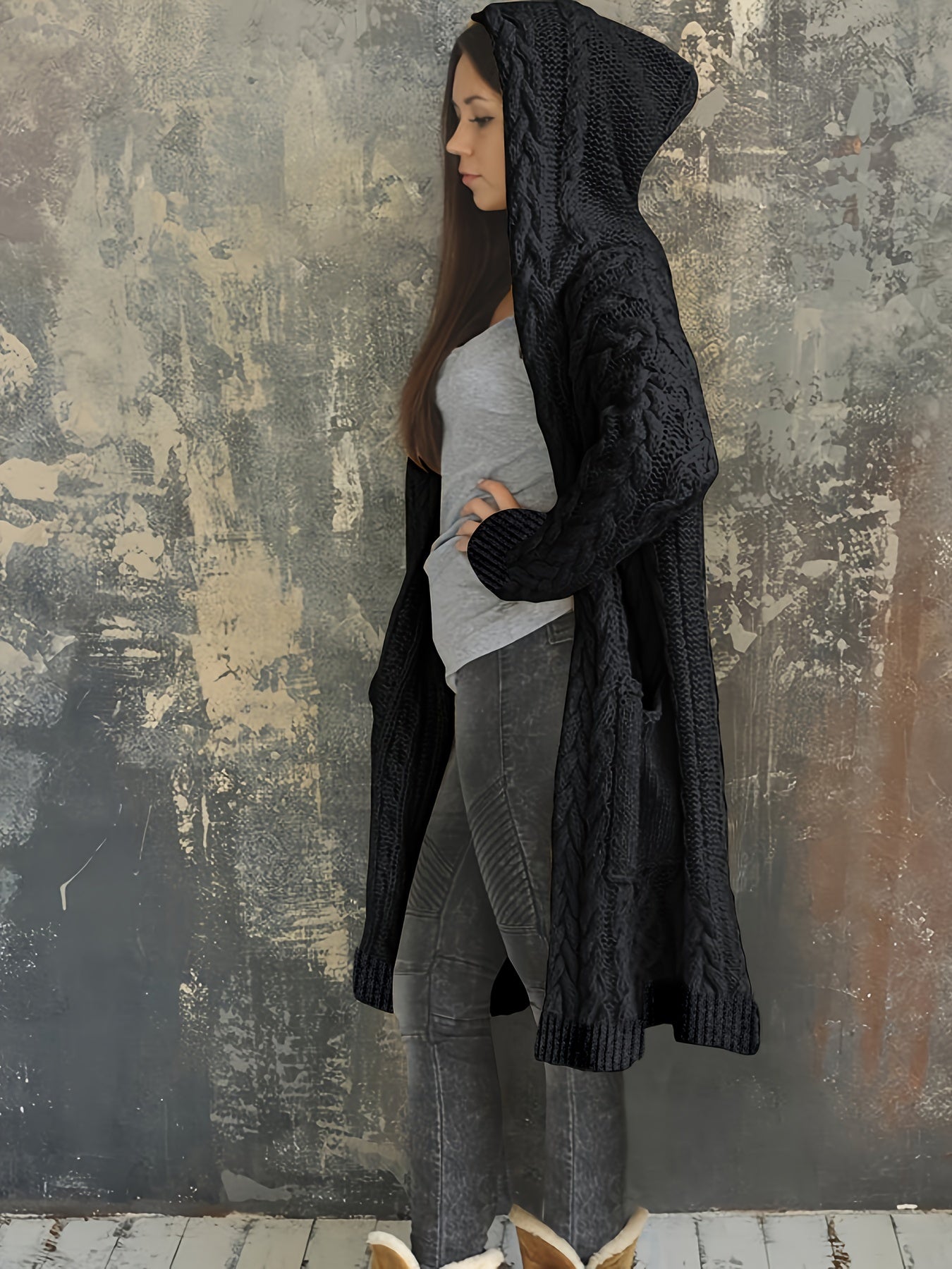 Chunky Knit Hooded Cardigan, Solid Long Open Front Sweater, Casual Cardigan For Fall & Winter, Women's Clothing