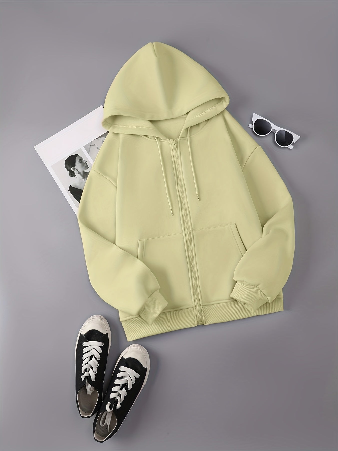 Zip Up Drawstring Hoodie, Pocket Casual Hooded Sweatshirt For Winter & Fall, Women's Clothing