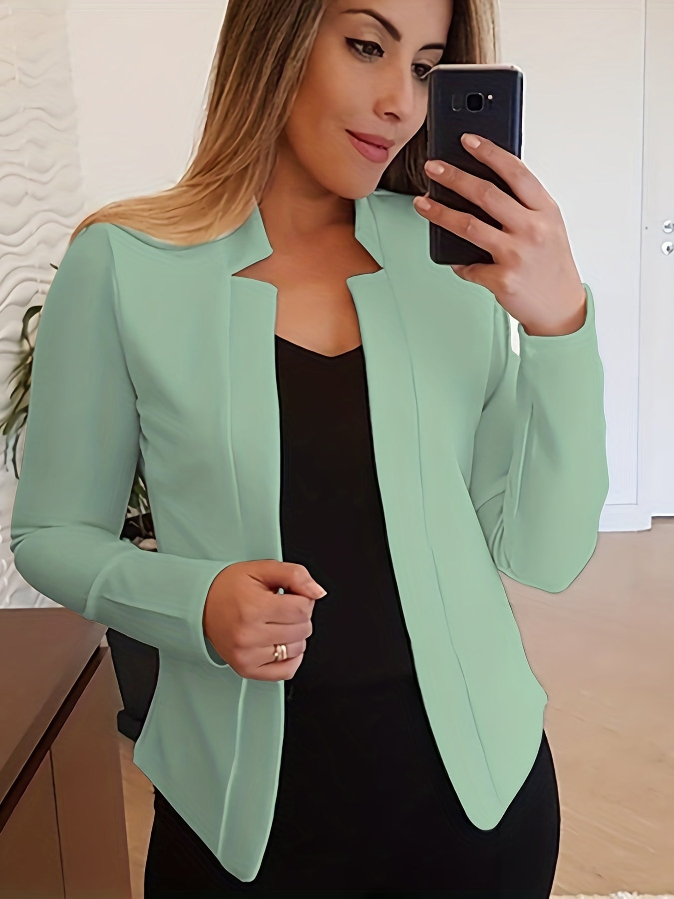 gbolsos Solid Split Open Front Blazer, Elegant Long Sleeve Blazer, Elegant & Stylish Tops For Office & Work, Women's Clothing
