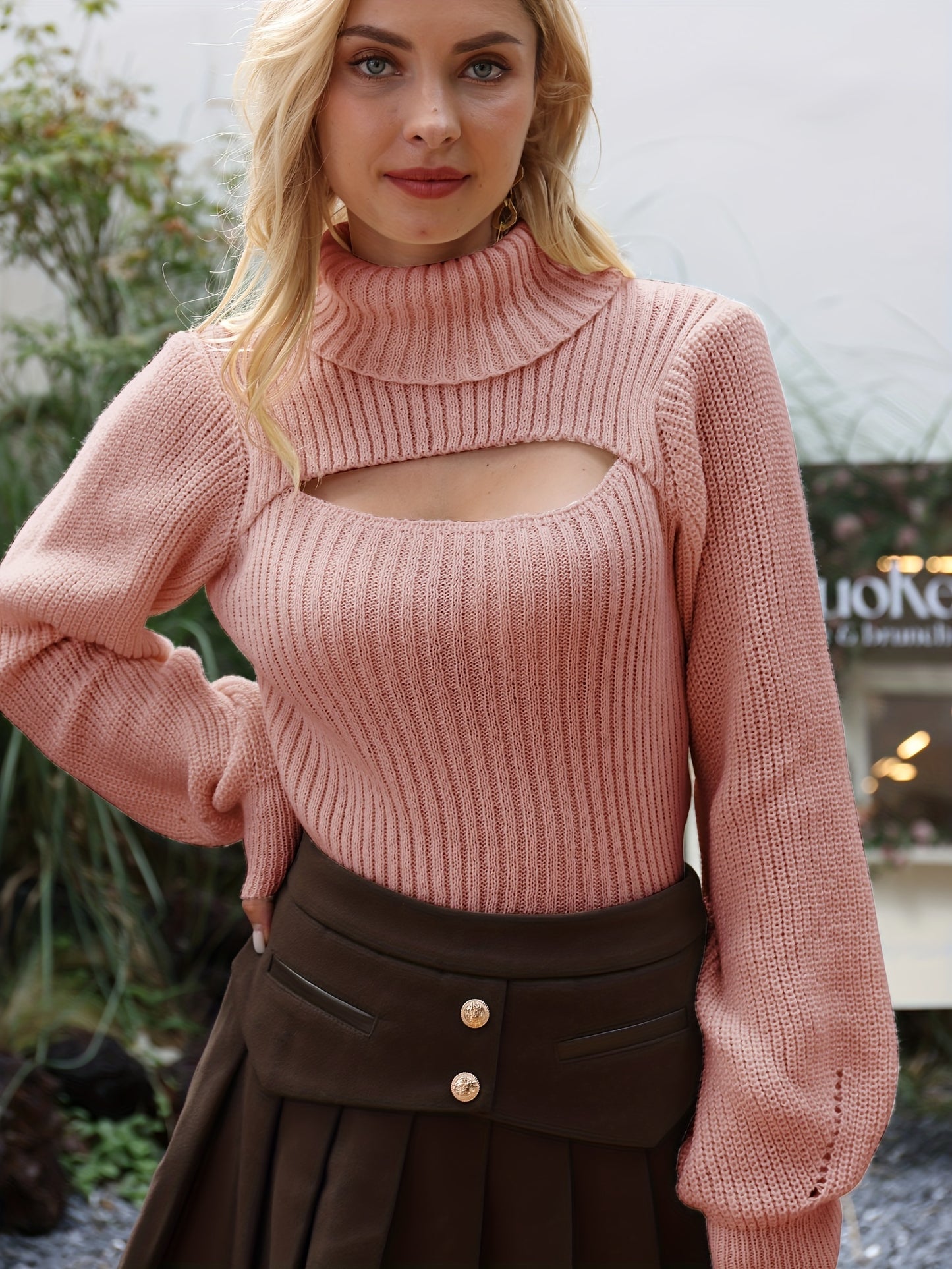 gbolsos Sexy High Neck Sweater, Long Sleeve Sexy Cut Out Casual Sweater For Spring & Fall, Women's Clothing