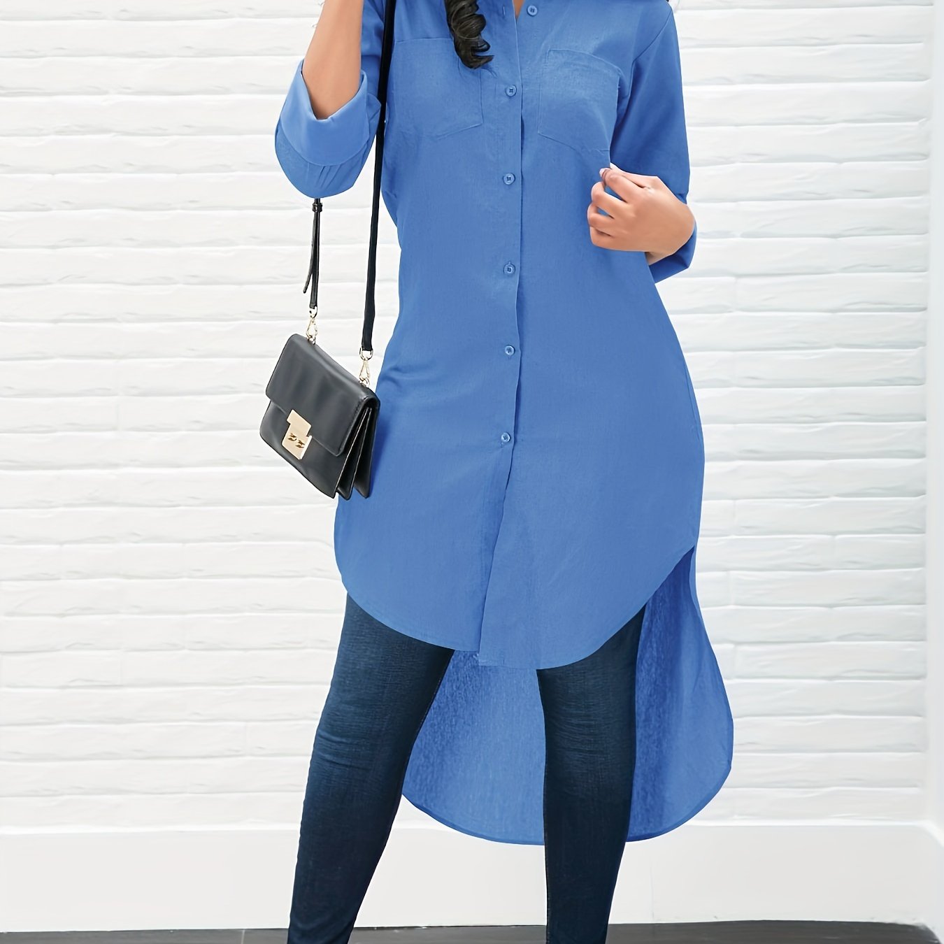 gbolsos Solid Long Sleeve Button Down Lapel Irregular Hem Shirt, Elegant Pockets Stylish Comfy Shirt, Women's Clothing