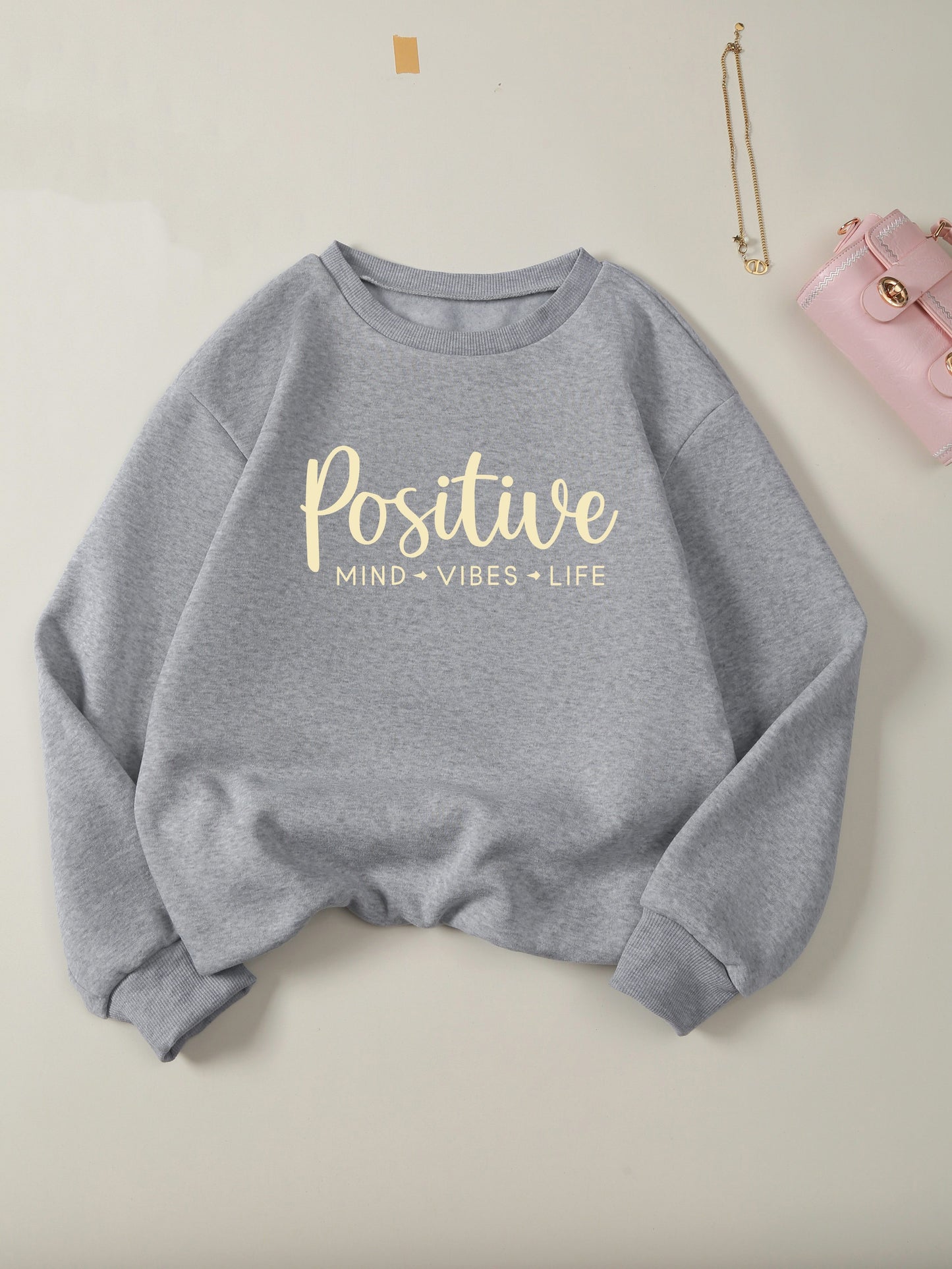 Positive Print Pullover Sweatshirt, Casual Long Sleeve Crew Neck Sweatshirt For Fall & Winter, Women's Clothing