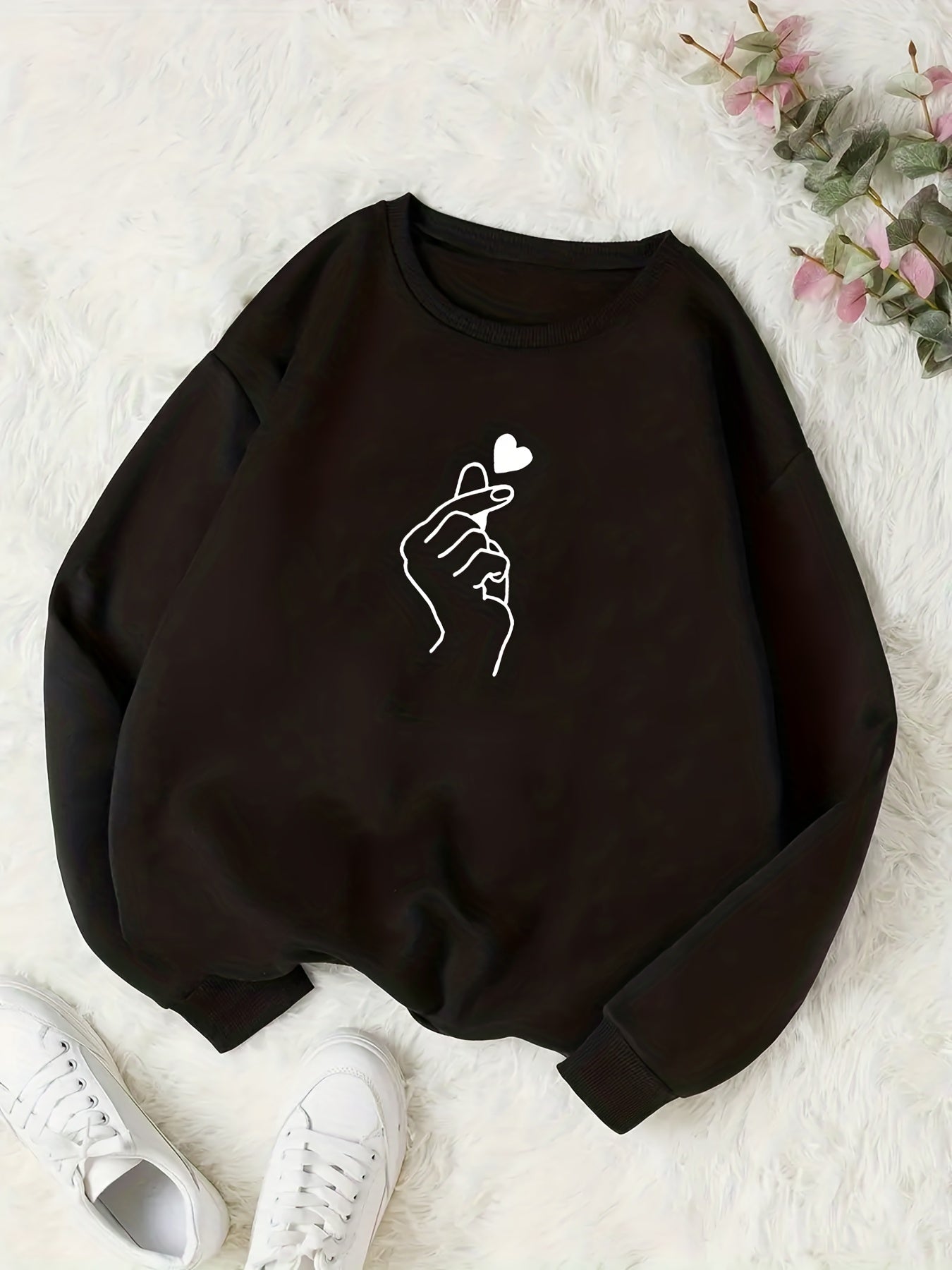 gbolsos Finger Heart Print Sweatshirt, Casual Long Sleeve Crew Neck Sweatshirt For Fall & Winter, Women's Clothing