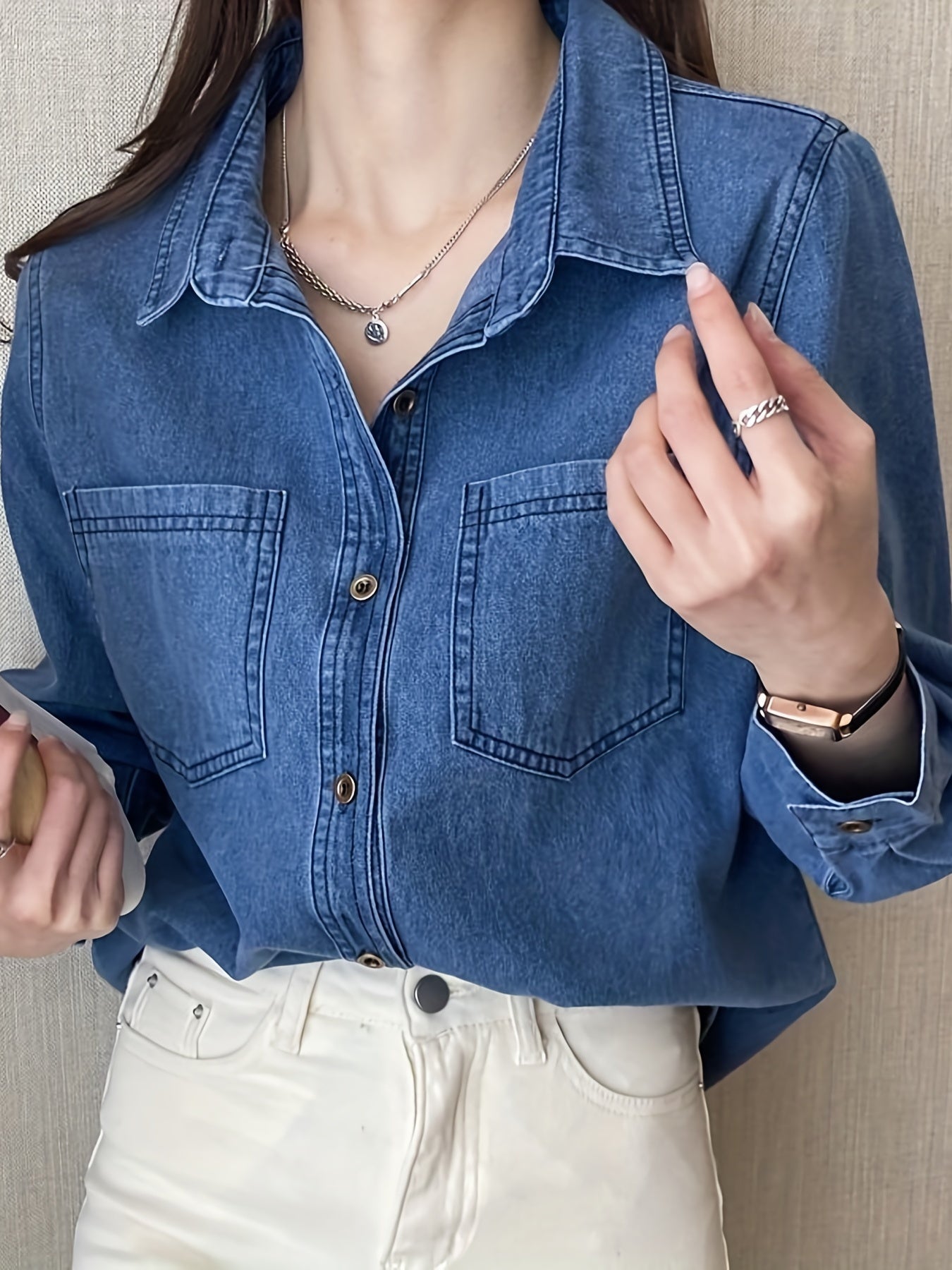 gbolsos Blue Loose Fit Lapel Denim Shirt, Long Sleeves Patch Pockets Casual Denim Shirt, Women's Denim Clothing