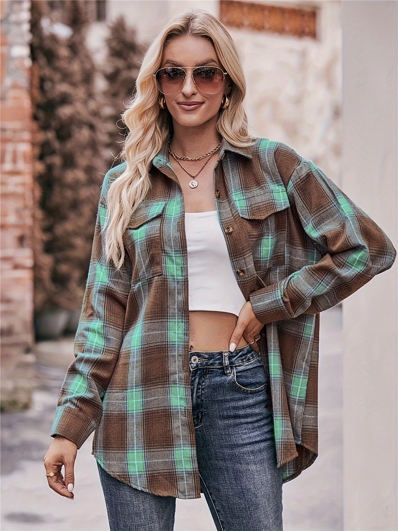 gbolsos Plaid Button Front Shirt, Elegant Long Sleeve Lapel Shirt, Women's Clothing