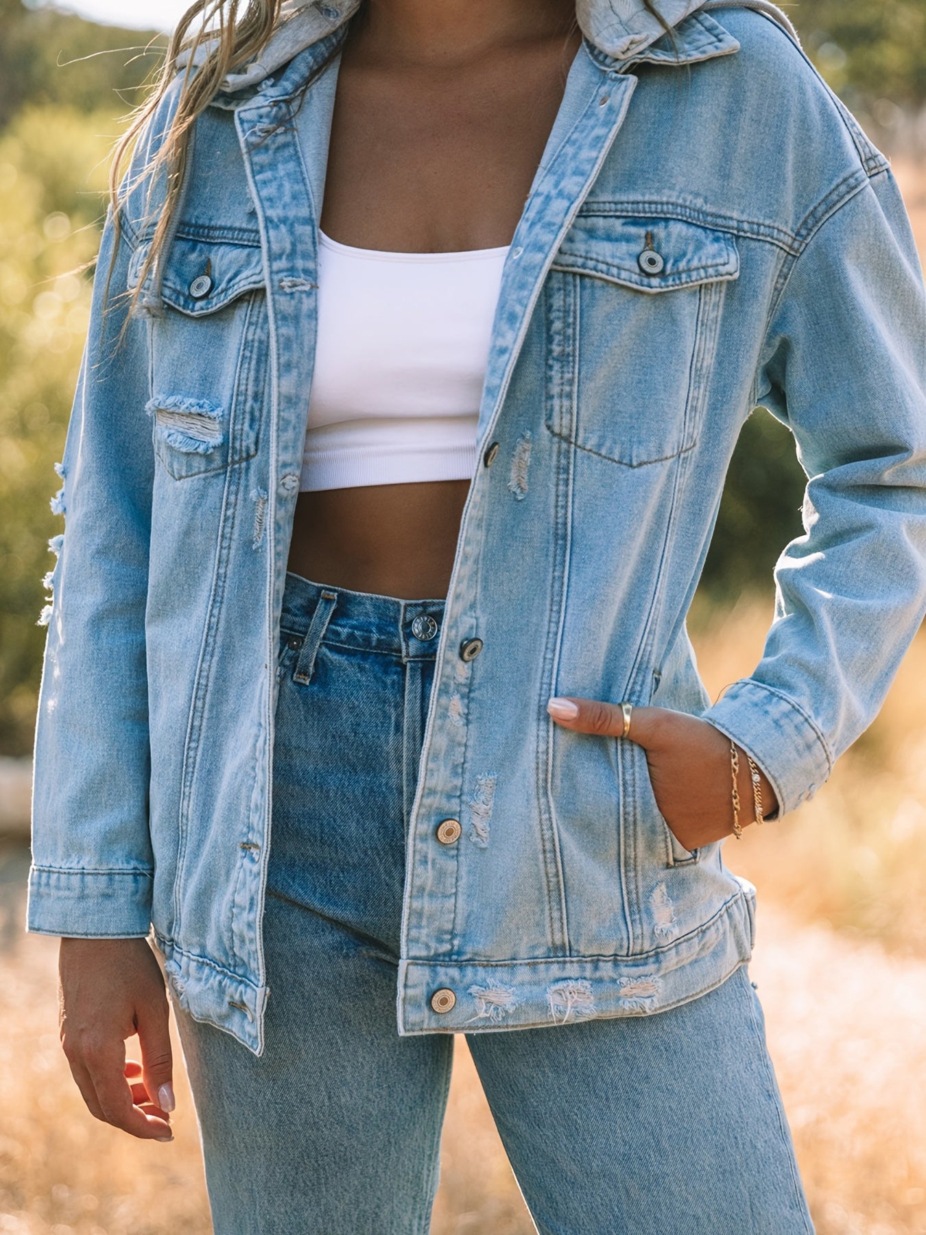 Blue Closure Button Denim Coats, Ripped Long Sleeve Distressed Flap Pockets Denim Jackets, Women's Denim Clothing