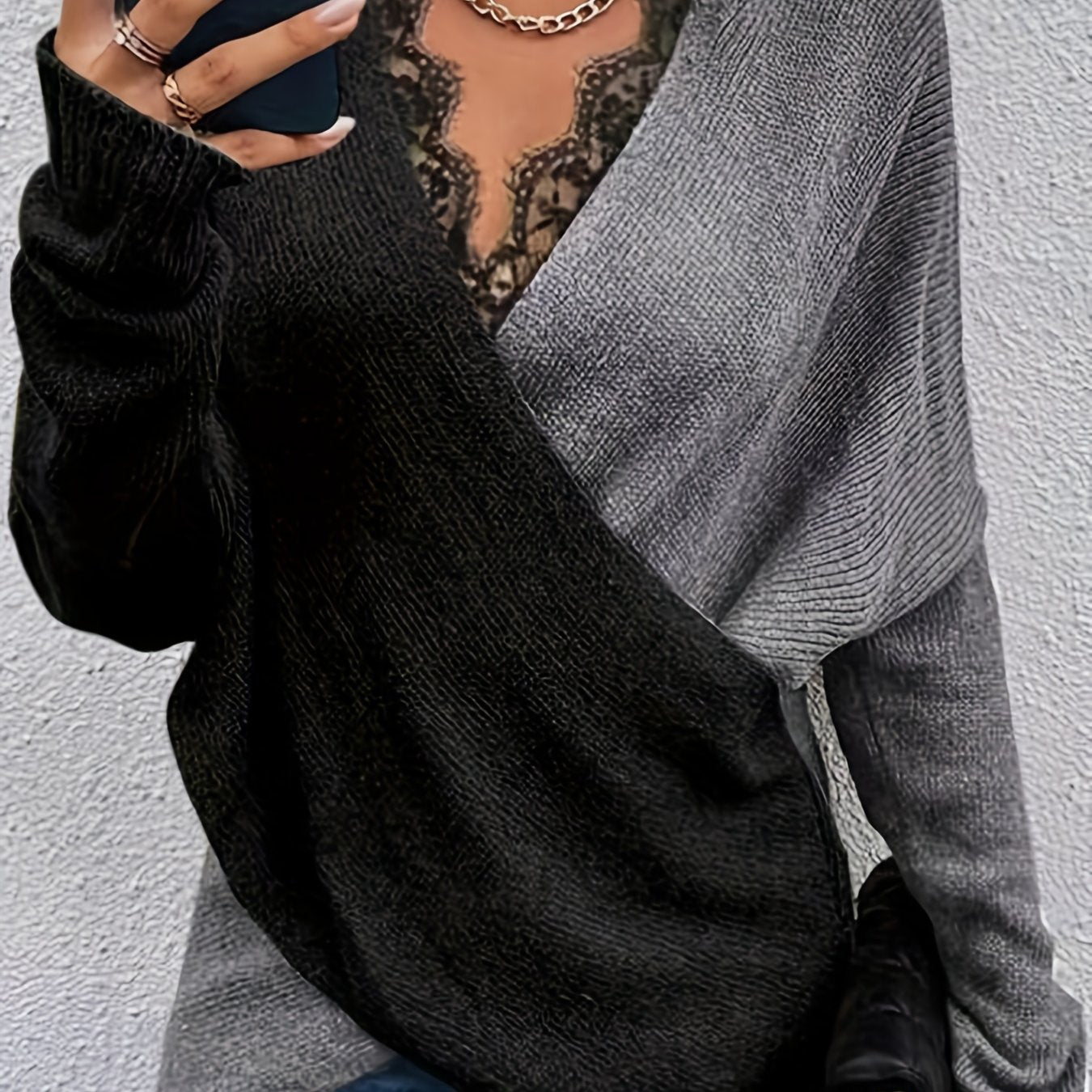 gbolsos Contrast Lace Color Block Knit Sweater, Casual V Neck Long Sleeve Sweater, Women's Clothing