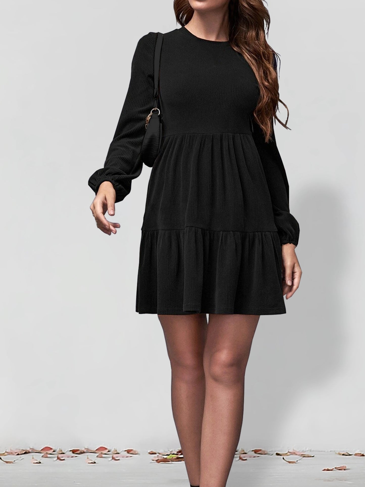 Solid Tiered Dress, Casual Crew Neck Long Sleeve Dress, Women's Clothing