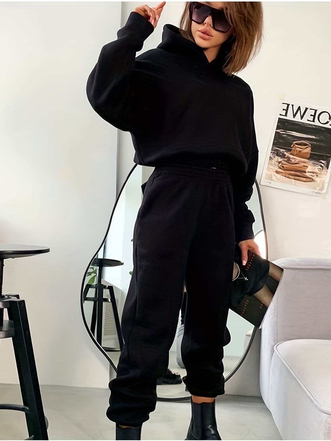 gbolsos Casual Two-piece Set, Solid Hoodie & Elastic Waist Jogger Pants Outfits, Women's Clothing