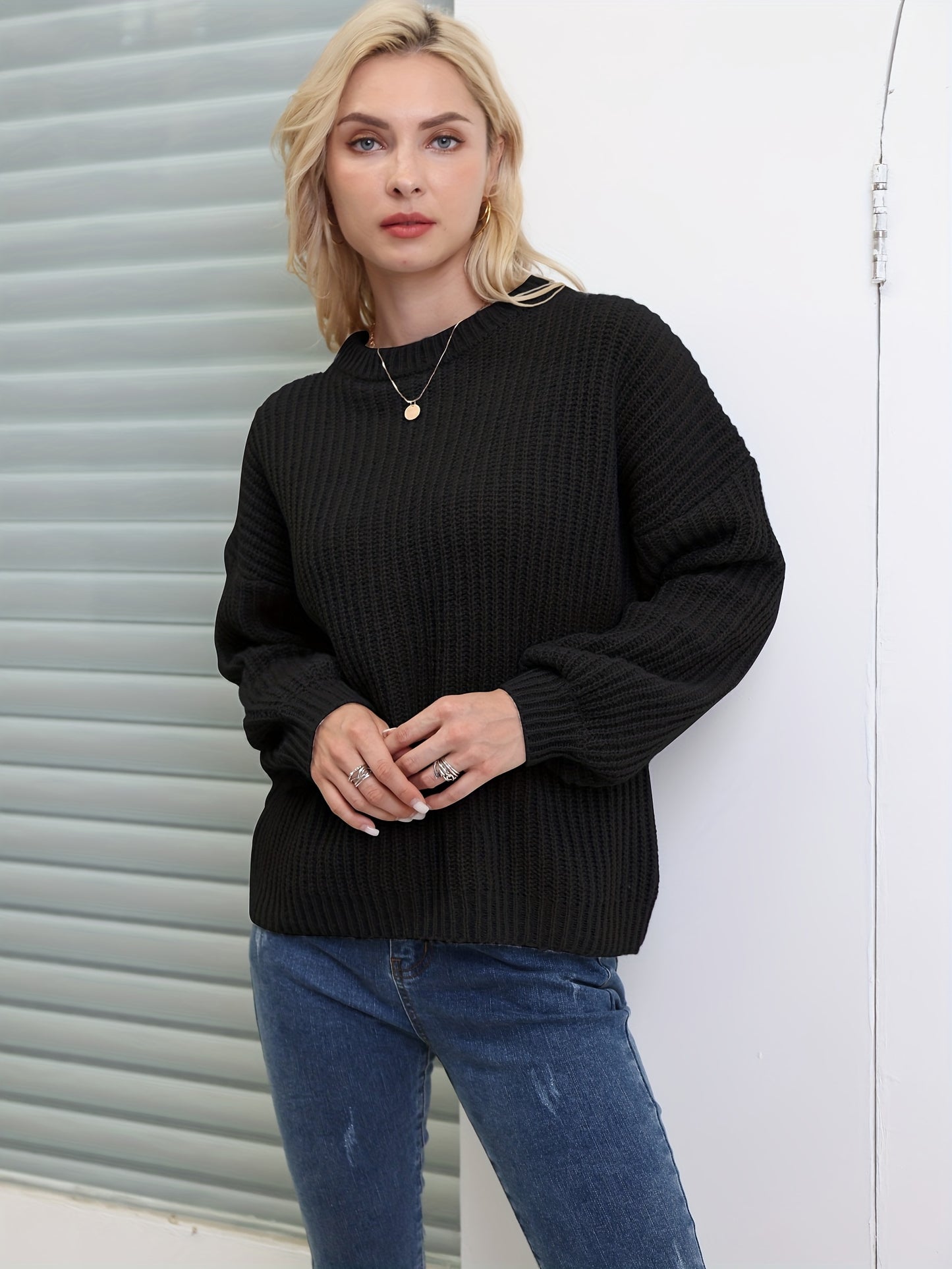 gbolsos Solid Versatile Knit Pullover Sweater, Casual Crew Neck Drop Shoulder Long Sleeve Sweater, Women's Clothing