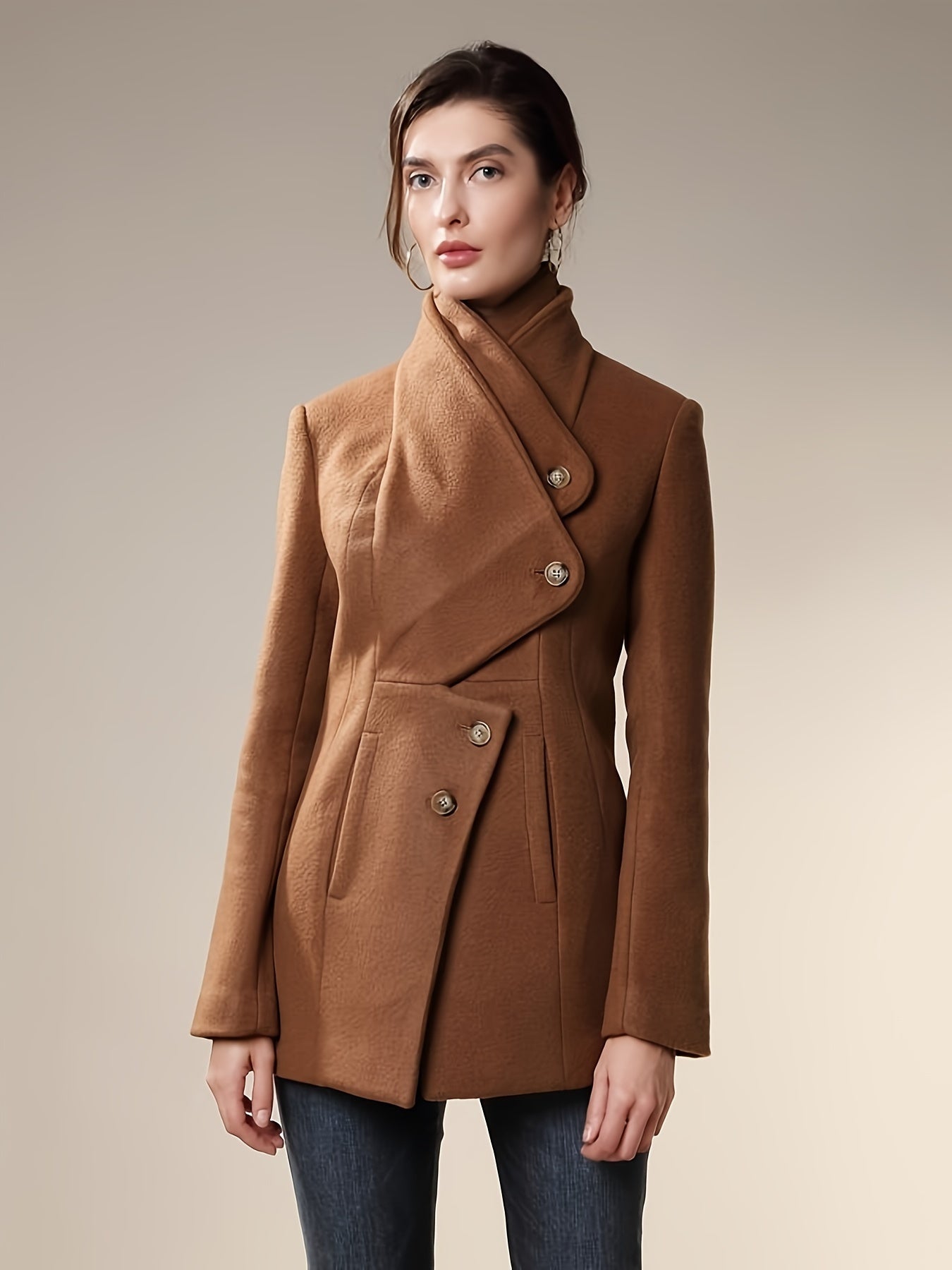 gbolsos Button Front Wrap Coat, Elegant Long Sleeve Lapel Coat For Fall & Winter, Women's Clothing