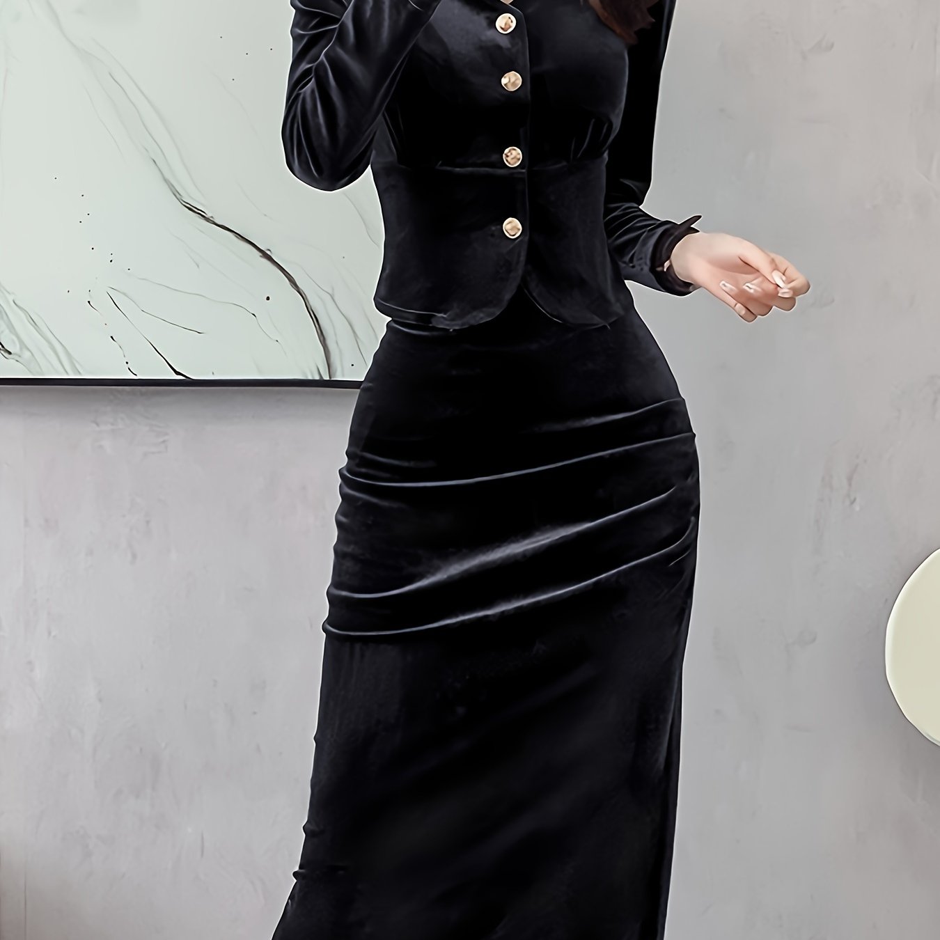 Solid Bodycon Two-piece Set, Button Front Long Sleeve Tops & High Waist Midi Skirts Outfits, Women's Clothing