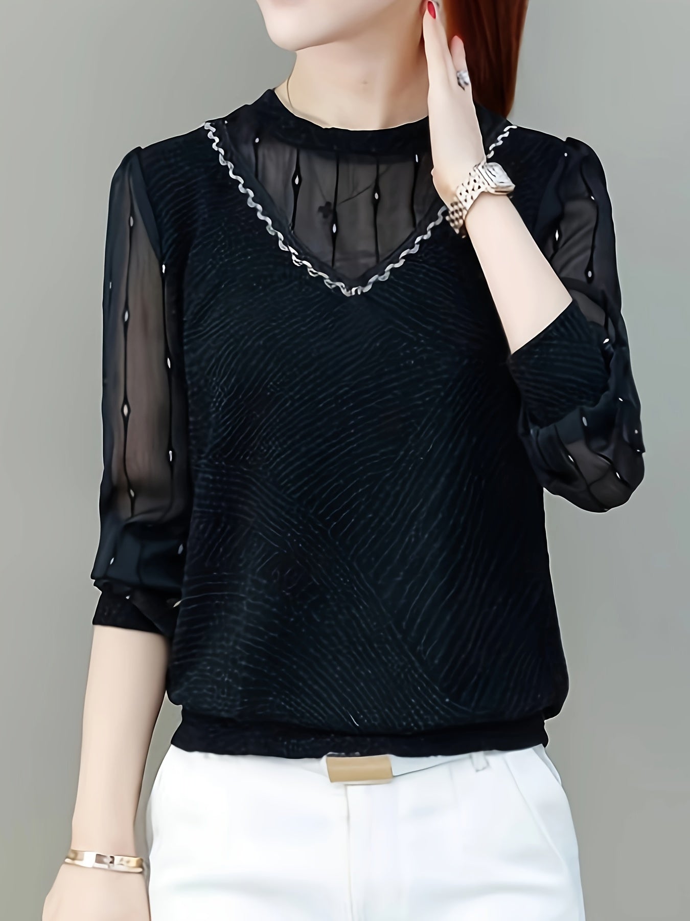gbolsos Mesh Panel Illusion Neckline T-Shirt, Casual Long Sleeve Crew Neck T-Shirt, Women's Clothing